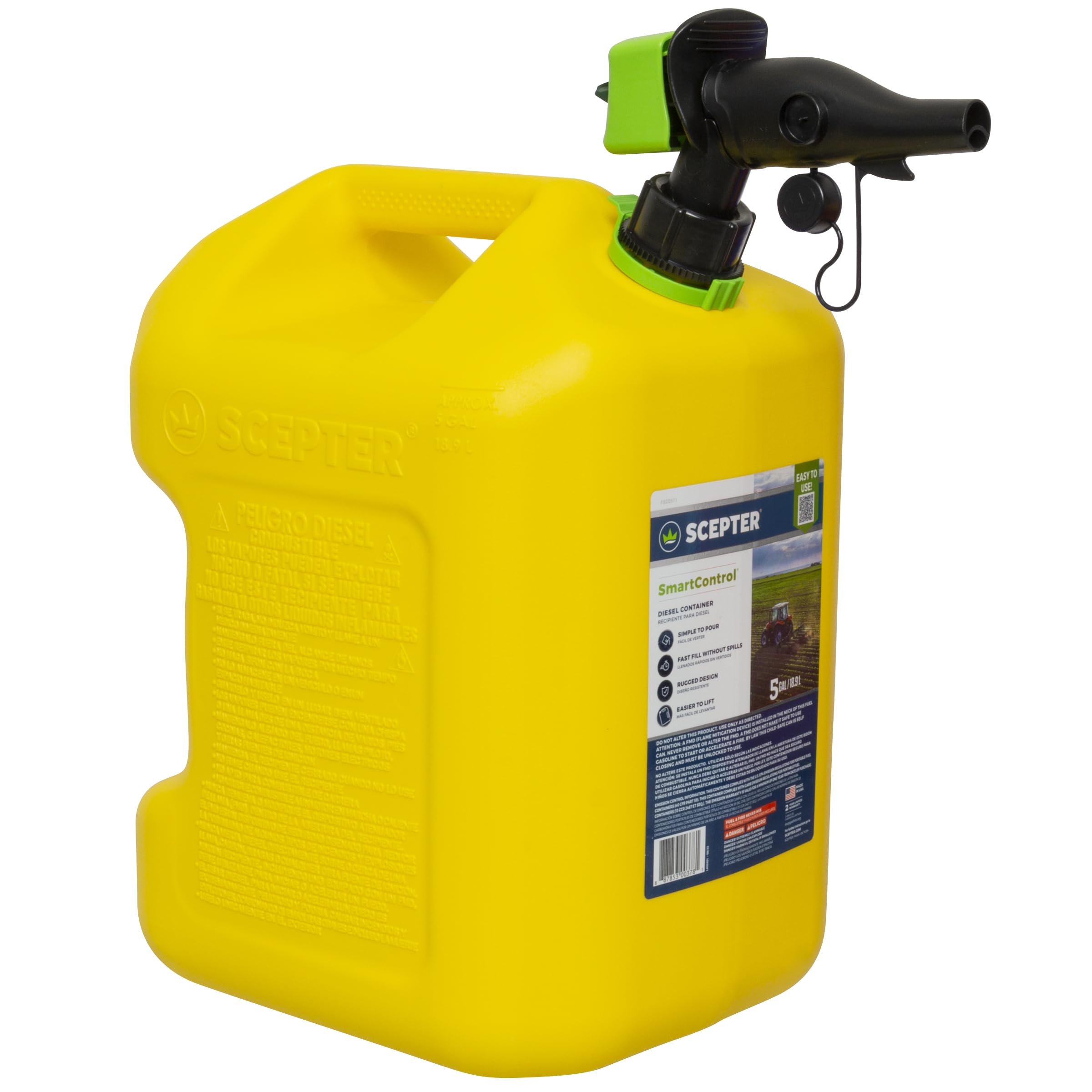 Scepter diesel can front view showing capacity and yellow color for easy identification