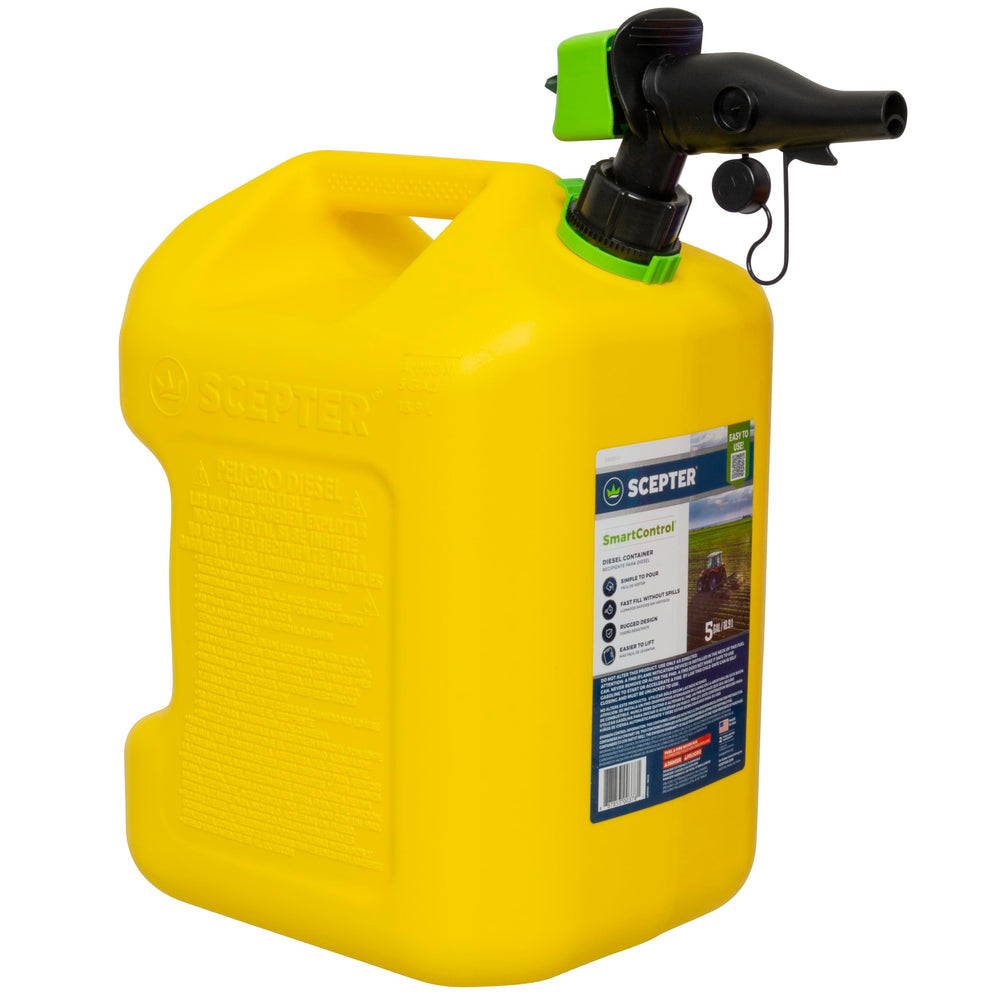 Scepter diesel can front view showing capacity and yellow color for easy identification