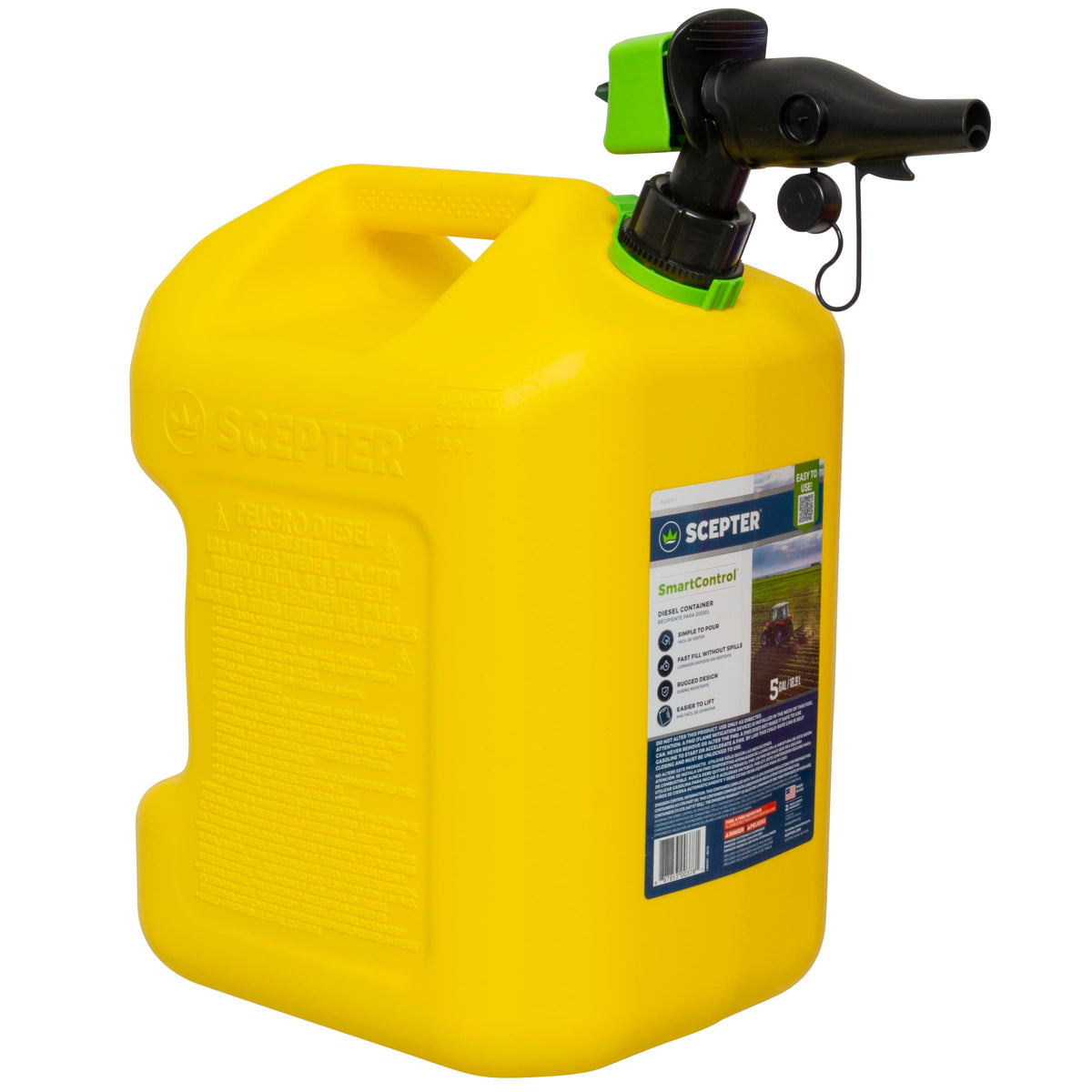 Scepter diesel can front view showing capacity and yellow color for easy identification