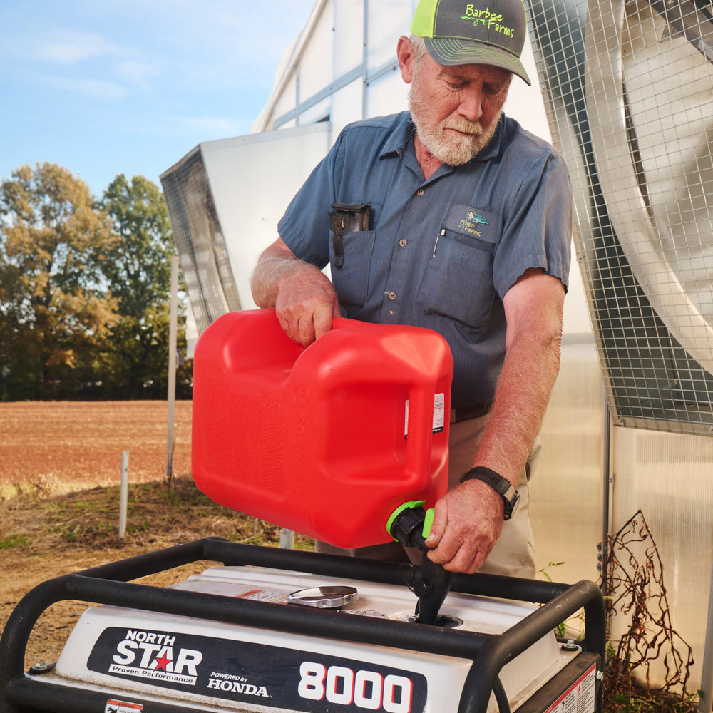 Scepter gas can with spout extender attached for hard-to-reach fills