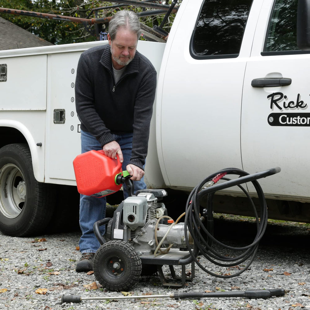 Scepter spout extender attached reaching recessed fuel inlets for cleaner pours