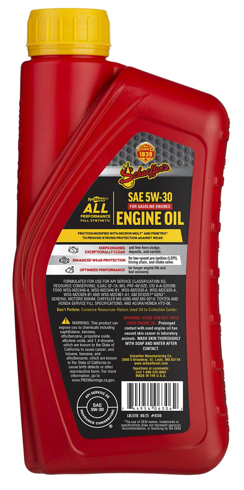 Schaeffer SynShield quart bottle on garage shelf ready for engine service