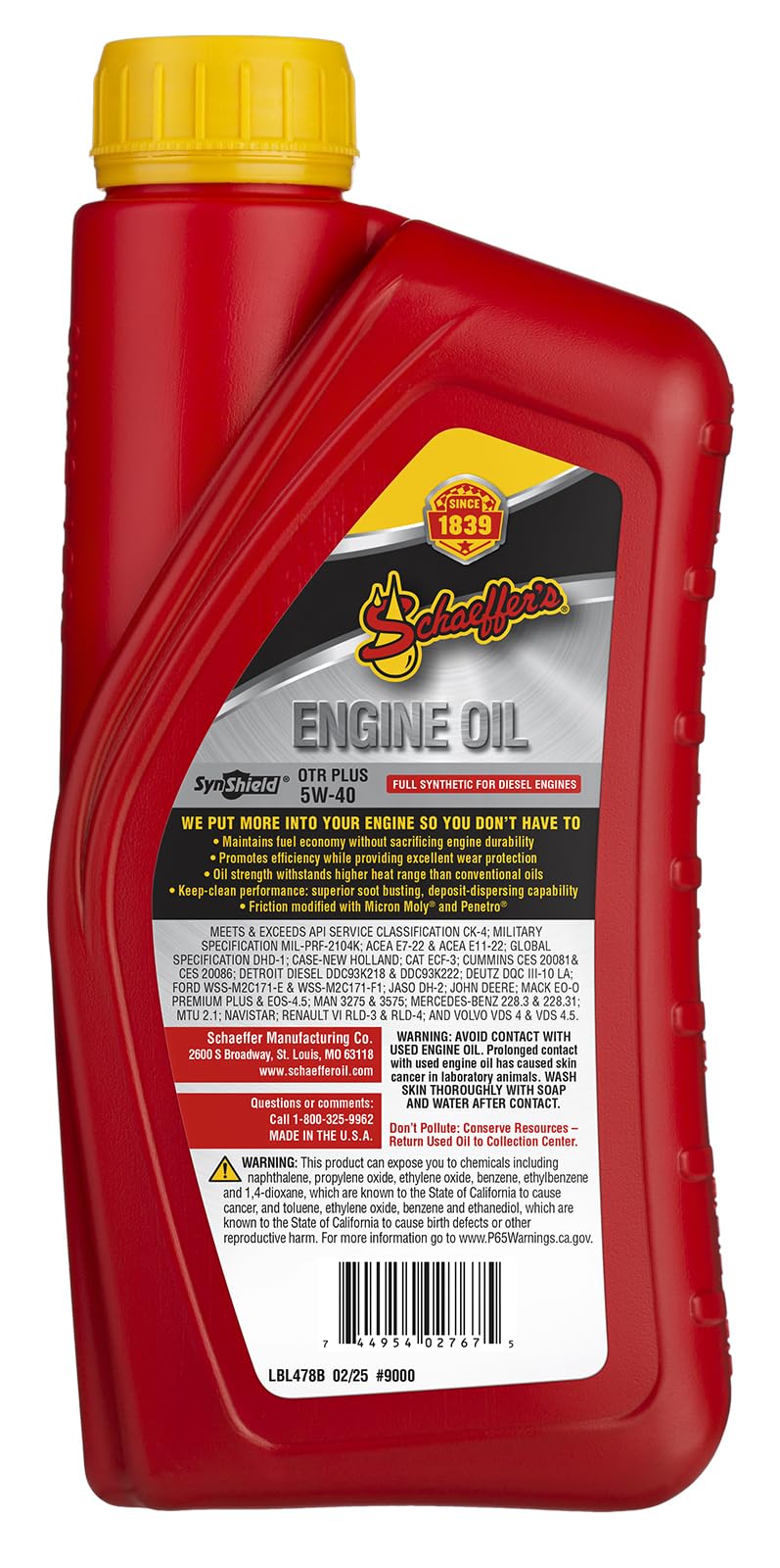 Schaeffer SynShield OTR Plus pouring oil close-up demonstrating smooth flow and protection