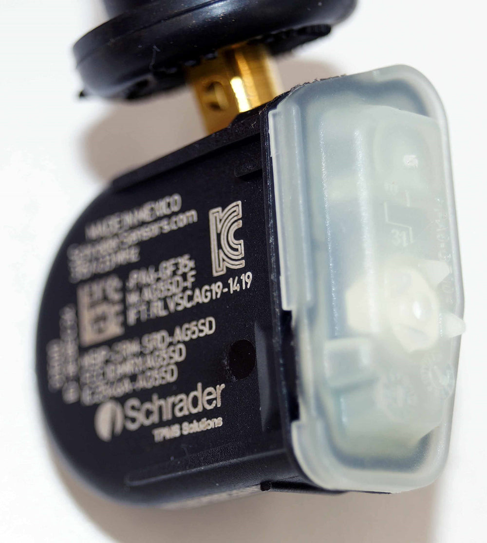 Schrader sensor label and markings showing readable identifiers for accurate programming
