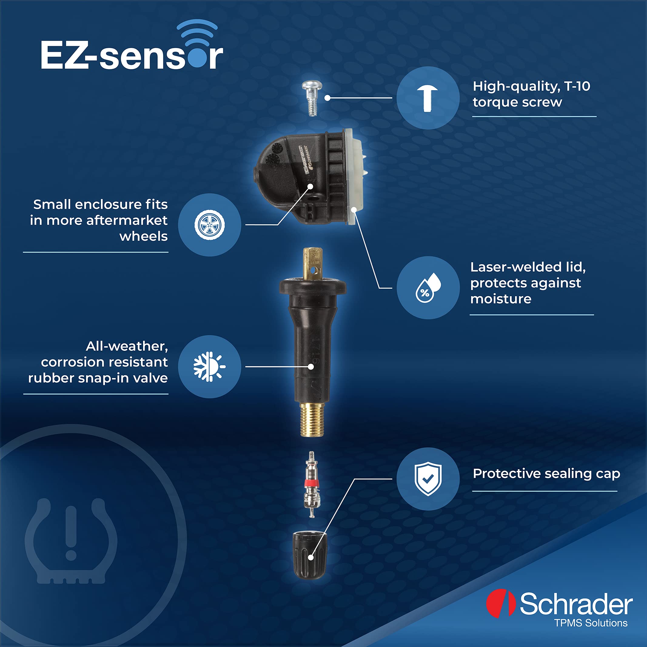 Schrader EZ-Sensor top label detail showing frequency info and identification