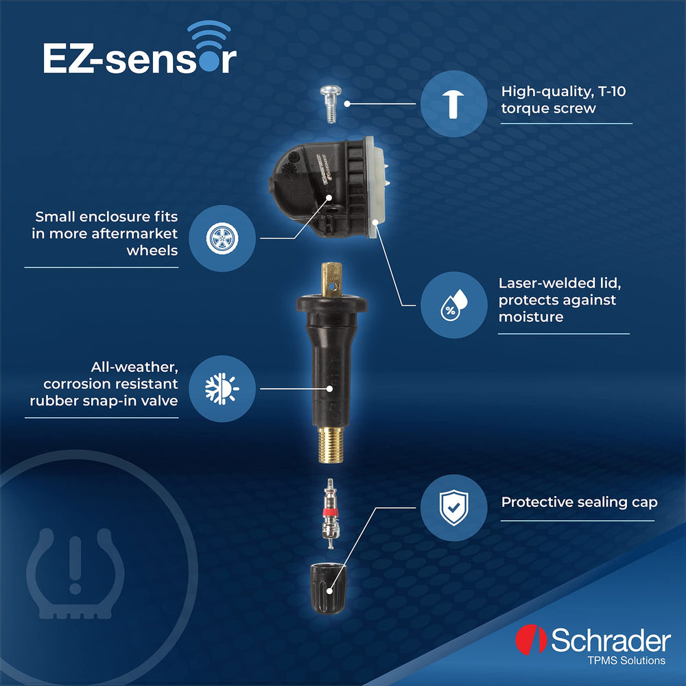 Schrader EZ-Sensor top label detail showing frequency info and identification