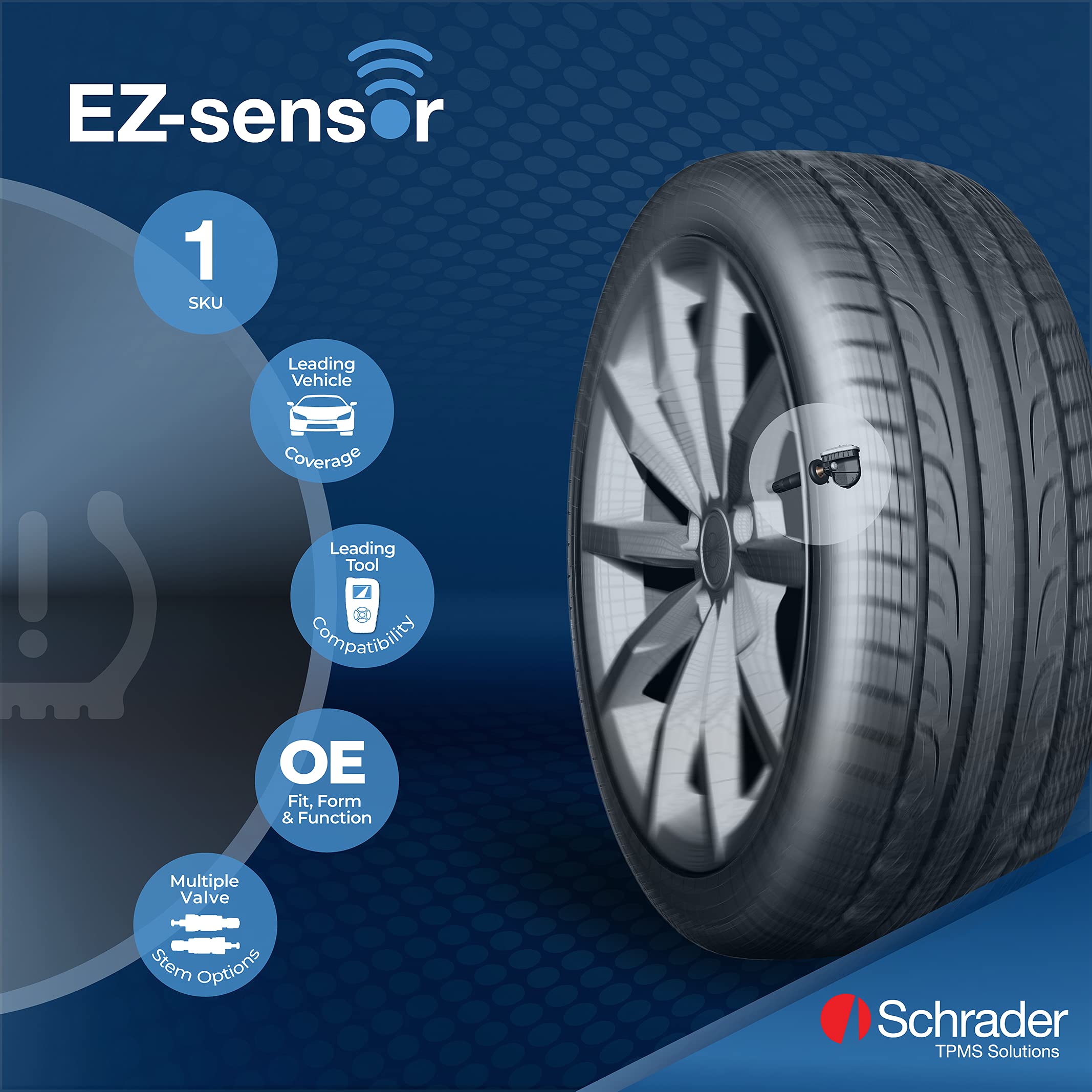 Schrader EZ-Sensor valve close-up highlighting snap-in valve strength