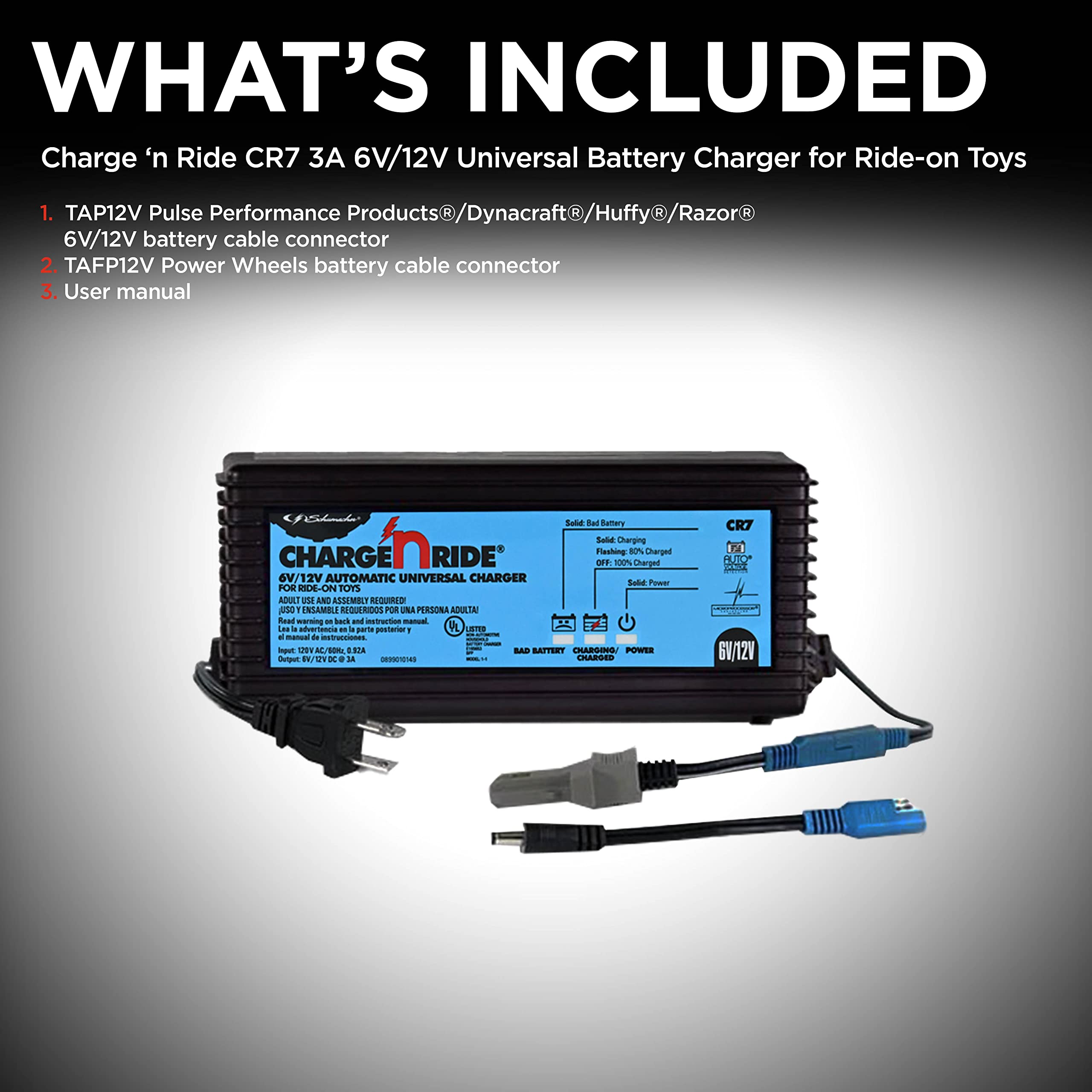 Schumacher CR7 quick-connect harness attached for fast, tool-free hookup
