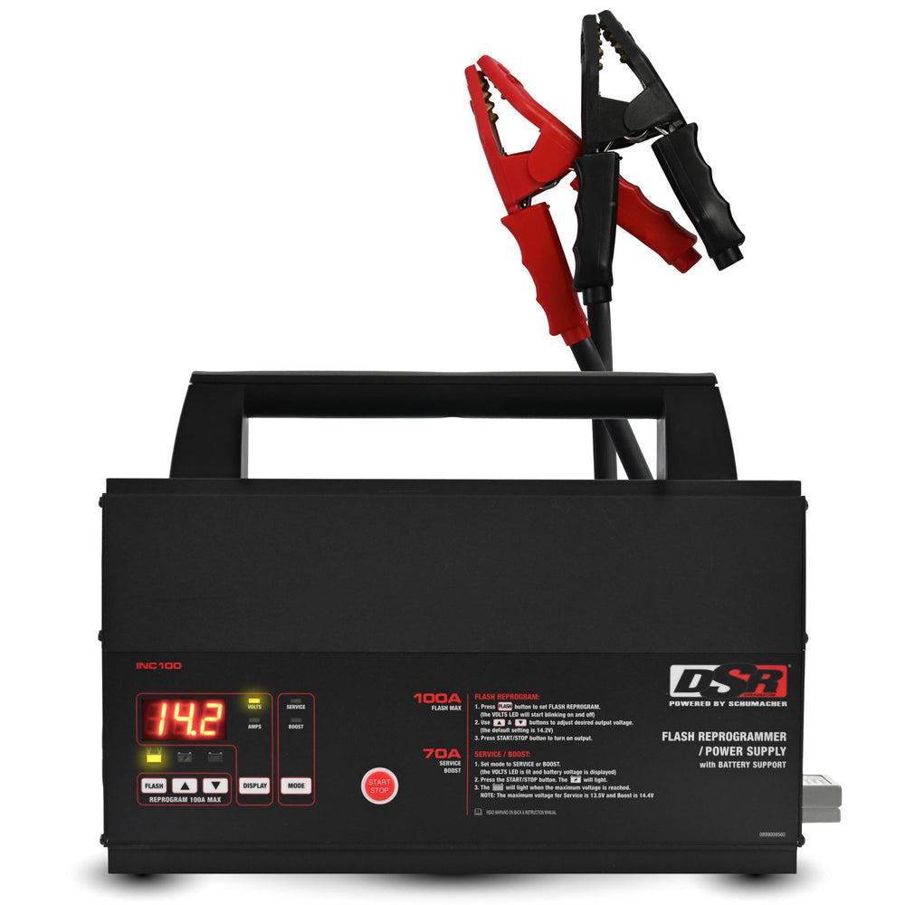 Schumacher INC100 front panel showing ports and indicators for clear shop control
