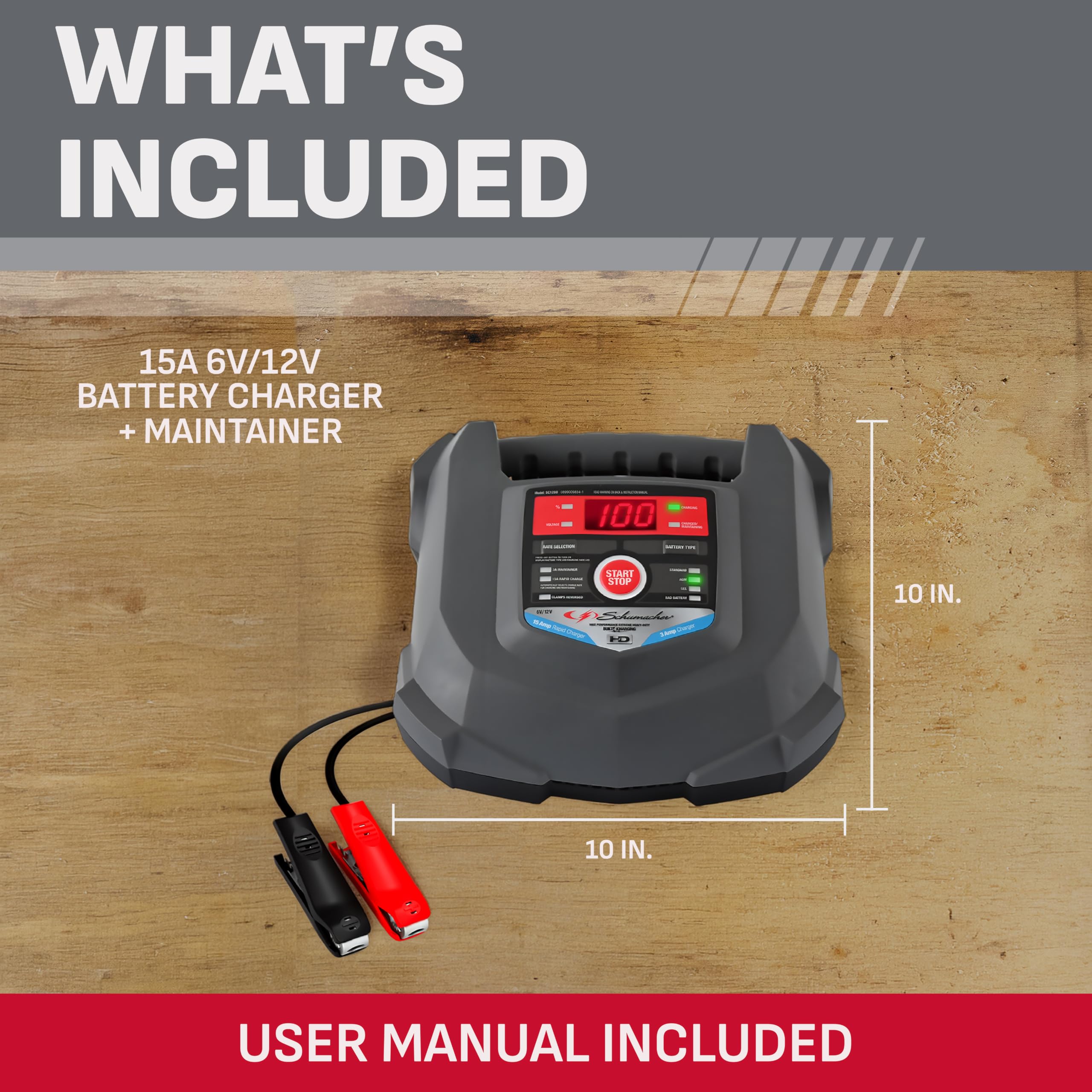 Schumacher SC1280 held next to a hand to show compact size for convenient garage storage