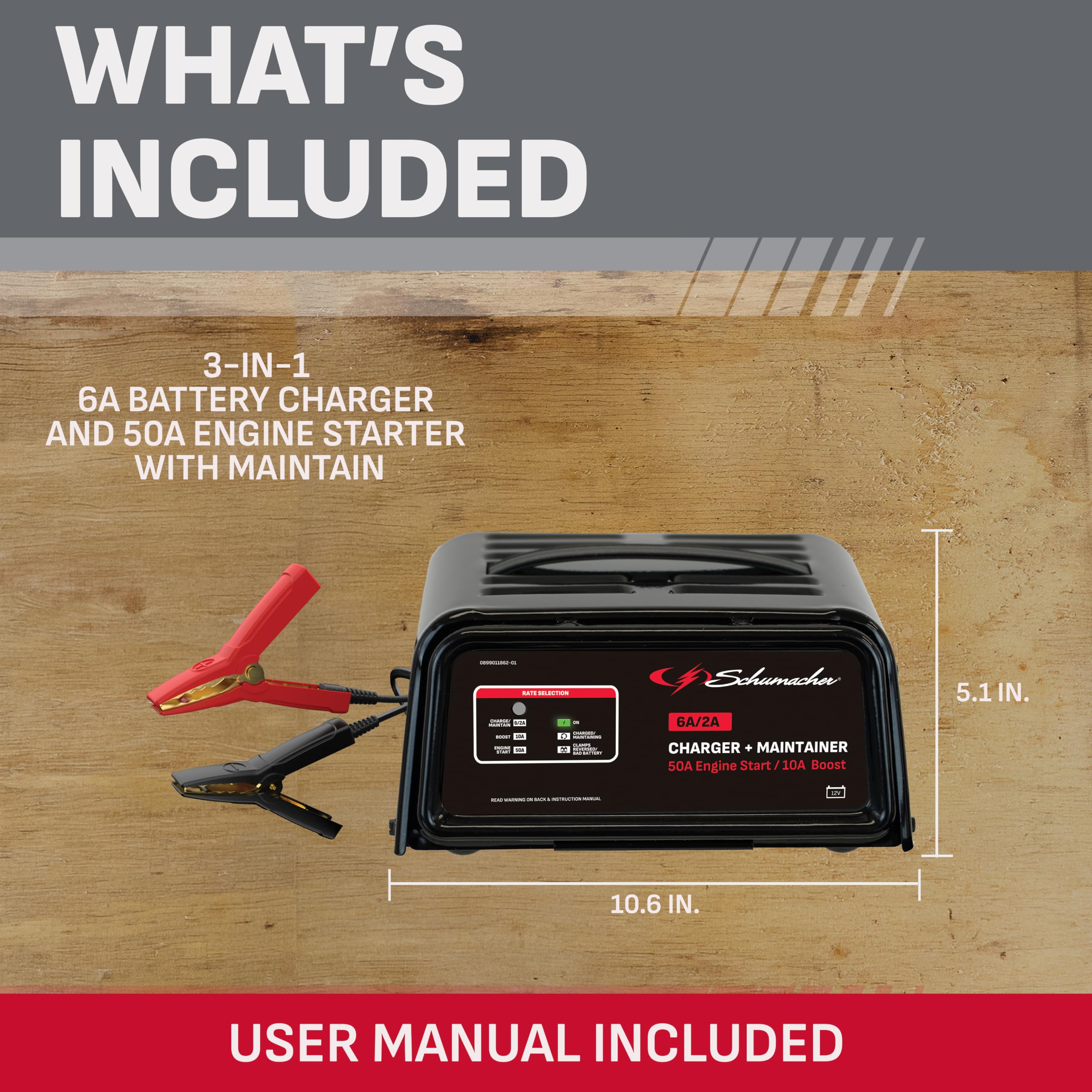 Schumacher SC1305 connected to an SUV battery showing broad vehicle compatibility