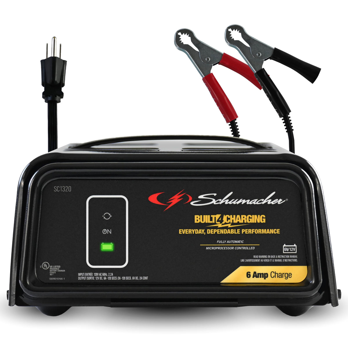 Schumacher SC1320 front view showing compact charger and benefit of space-saving design