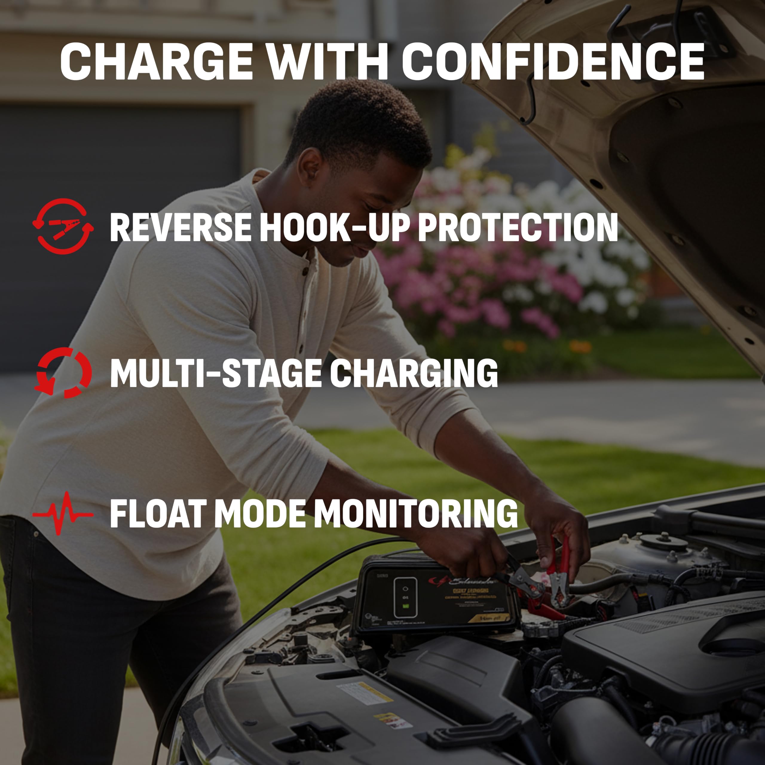 Schumacher SC1320 in use under hood maintaining a car battery for reliable starts
