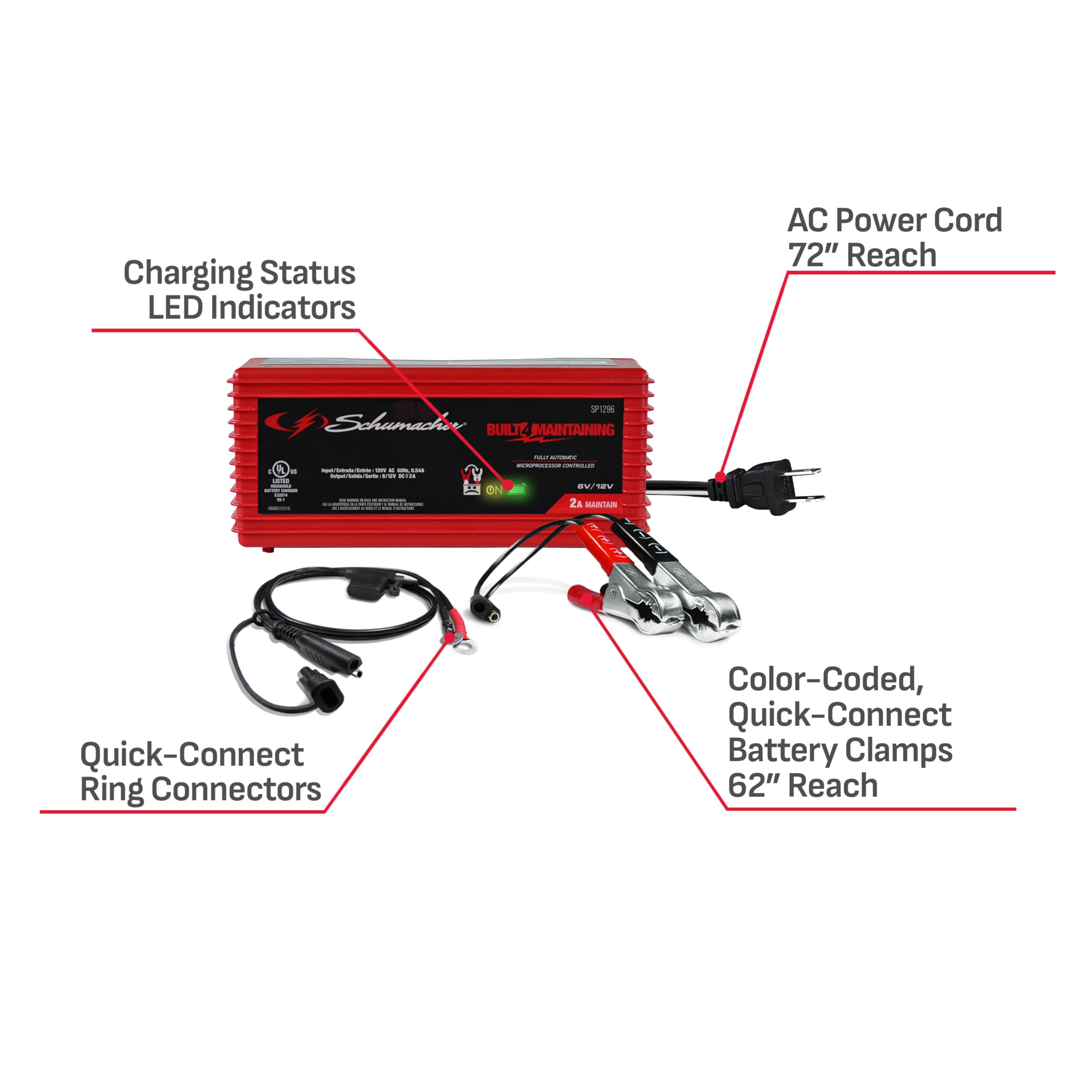 Schumacher SP1296 connected to an ATV battery demonstrating maintenance capability benefit
