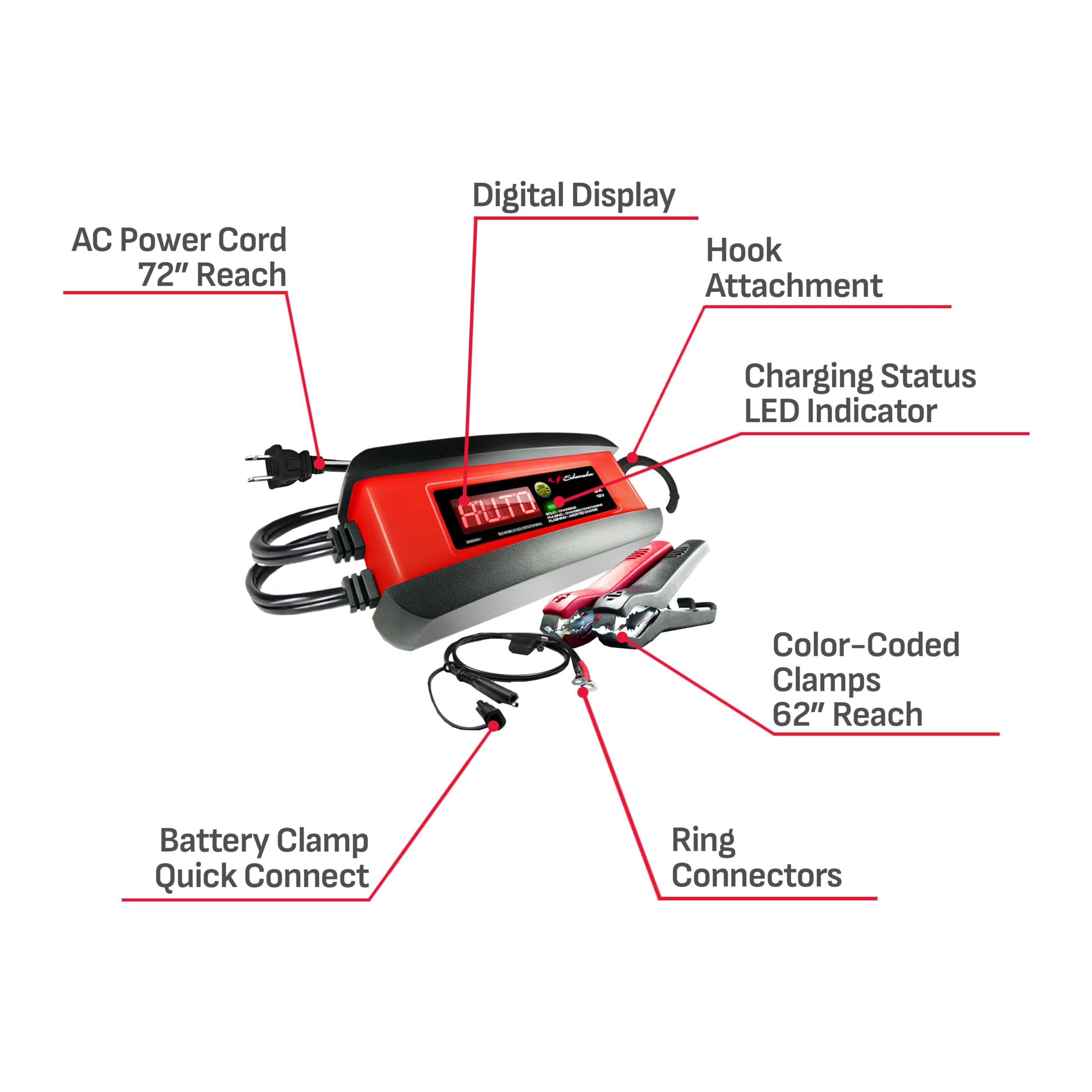 Schumacher SP1297 connected to a car battery demonstrating in-use maintenance