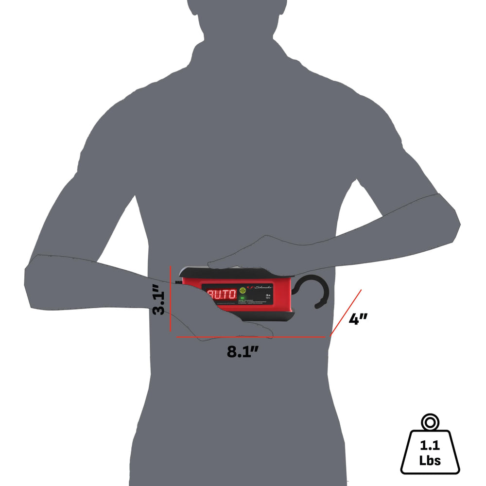 Schumacher SP1297 held in hand showing compact size and portable convenience