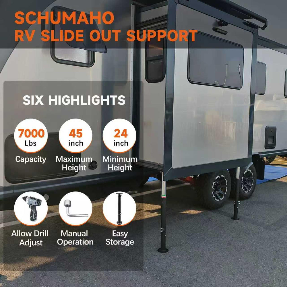 Schumaho jack supporting RV slide-out at campsite for steady interior movement benefit
