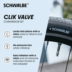 Schwalbe close-up of Clik valve click mechanism highlighting secure fast inflation