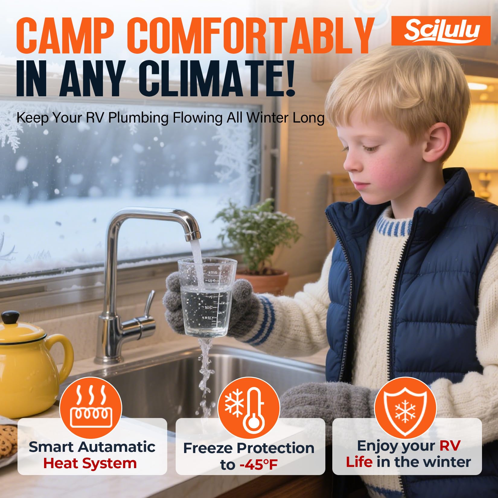 Scilulu hose in use at an RV hookup in winter demonstrating continuous water supply