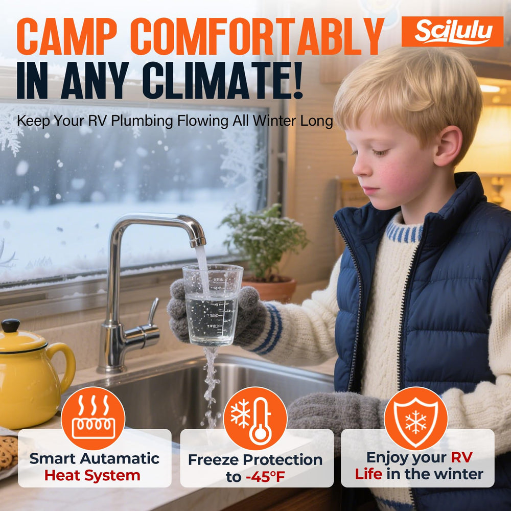 Scilulu hose in use at an RV hookup in winter demonstrating continuous water supply