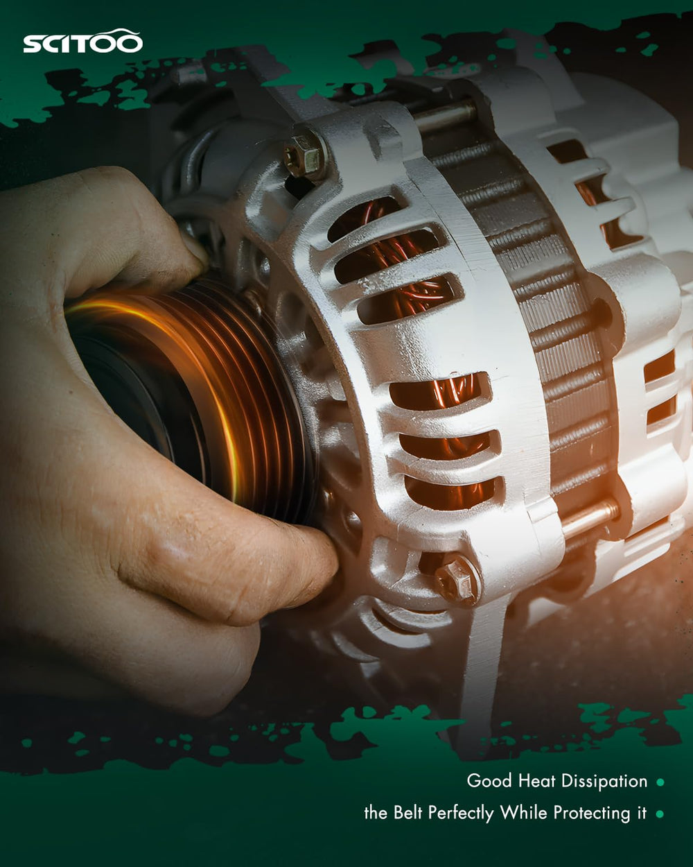SCITOO alternator installed in engine bay demonstrating direct-fit replacement