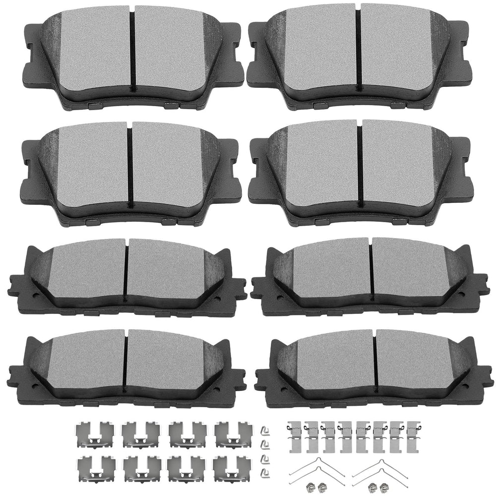 SCITOO front and rear brake pad kit packaging showing included eight pads and labels, clear fitment benefit