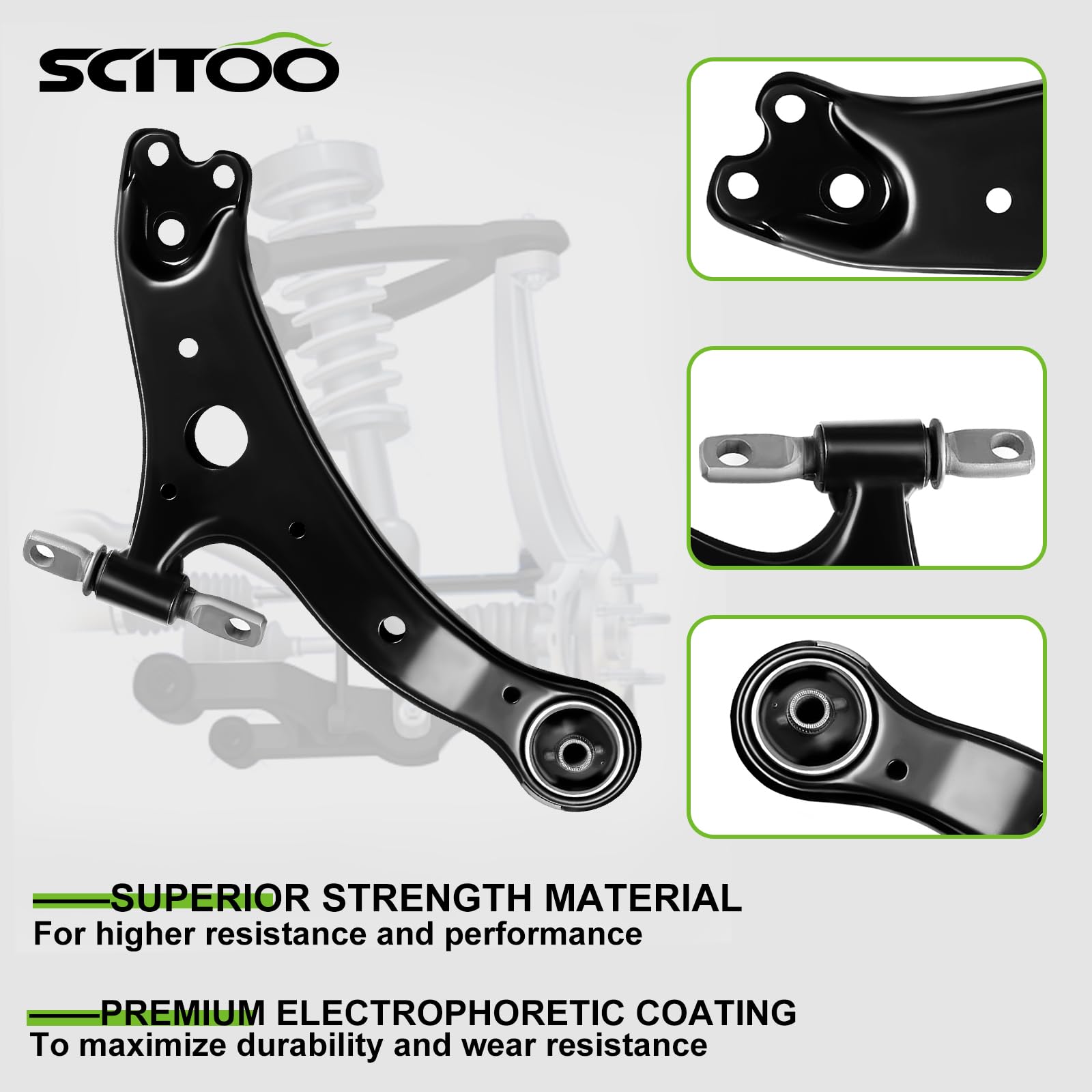 SCITOO passenger-side lower control arm close-up highlighting strength
