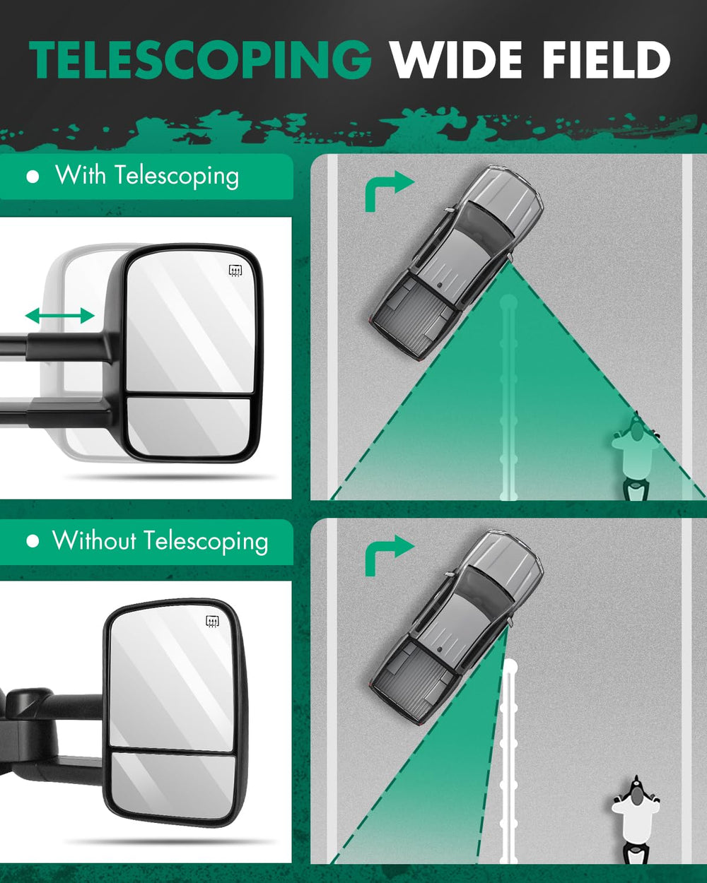 SCITOO telescoping action image shows manual extension benefit for trailer sightlines