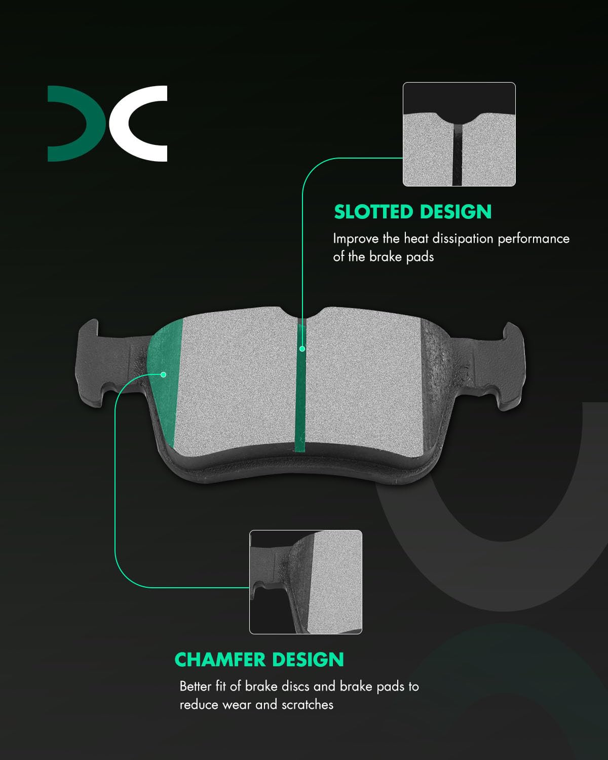 SCITOO close-up of front pad groove showing chamfer and reduced-noise benefit