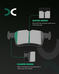SCITOO close-up of front pad groove showing chamfer and reduced-noise benefit