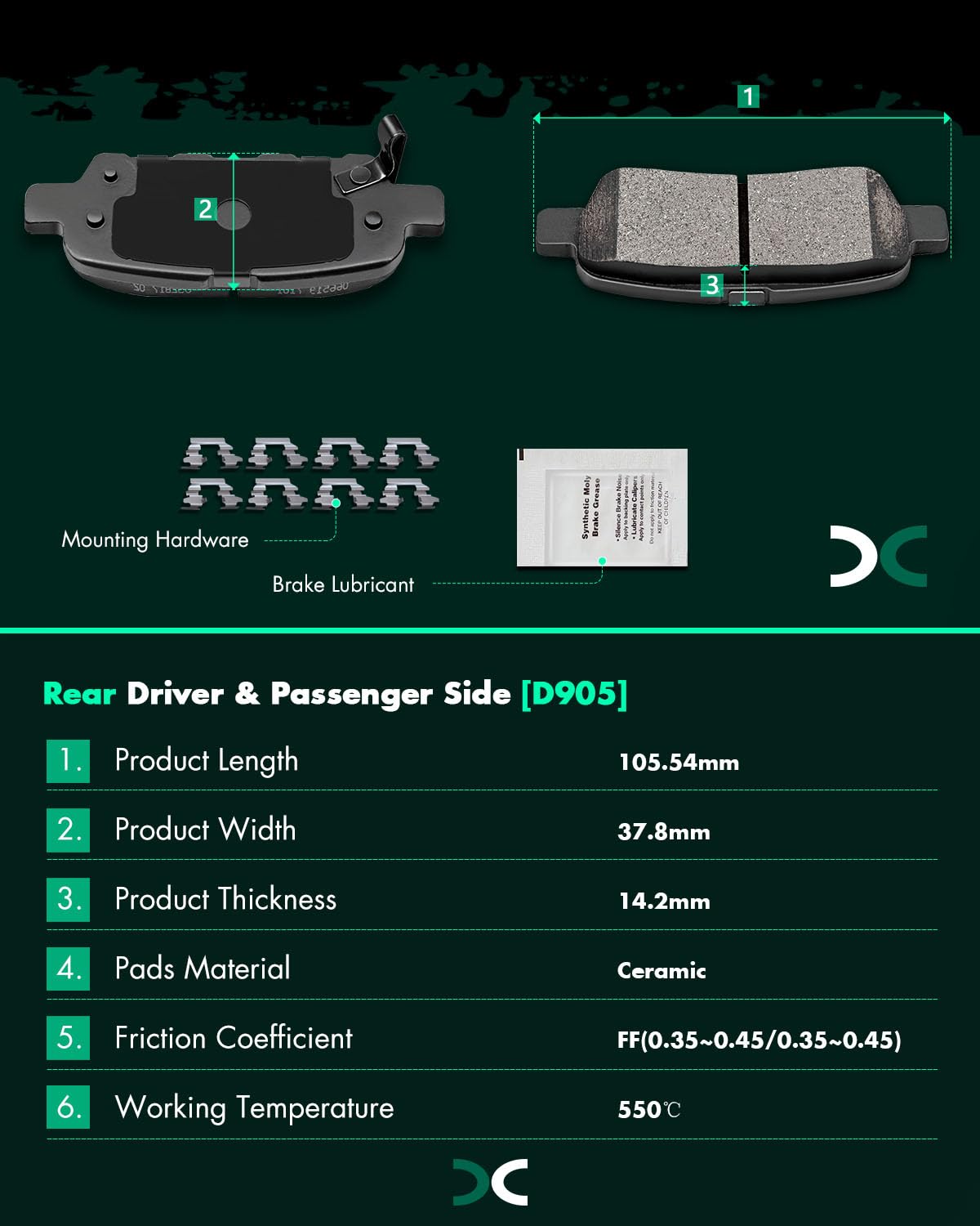 SCITOO rear pad angled to show chamfers protecting rotor from damage