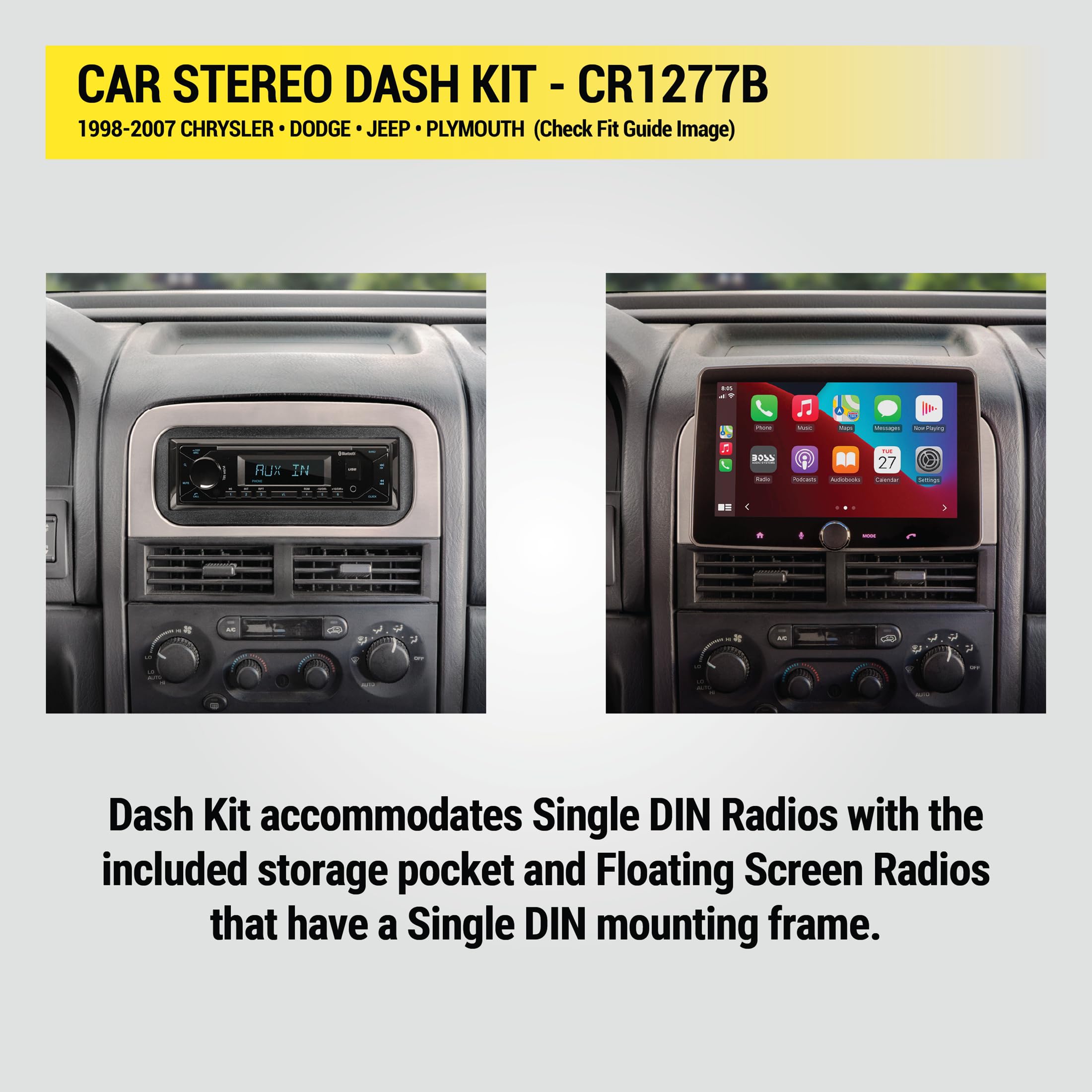 Scosche installed CR1277B holding aftermarket stereo with factory-like appearance