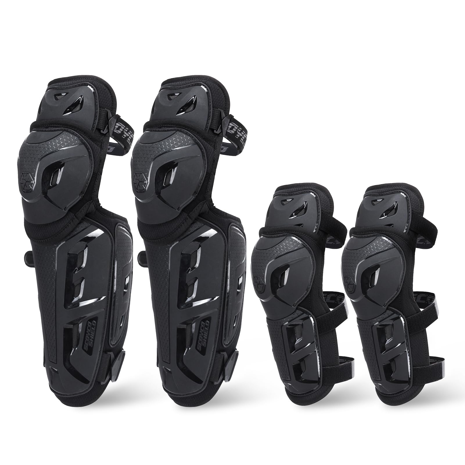 Scoyco front view of knee and elbow set showing full protective coverage and confidence