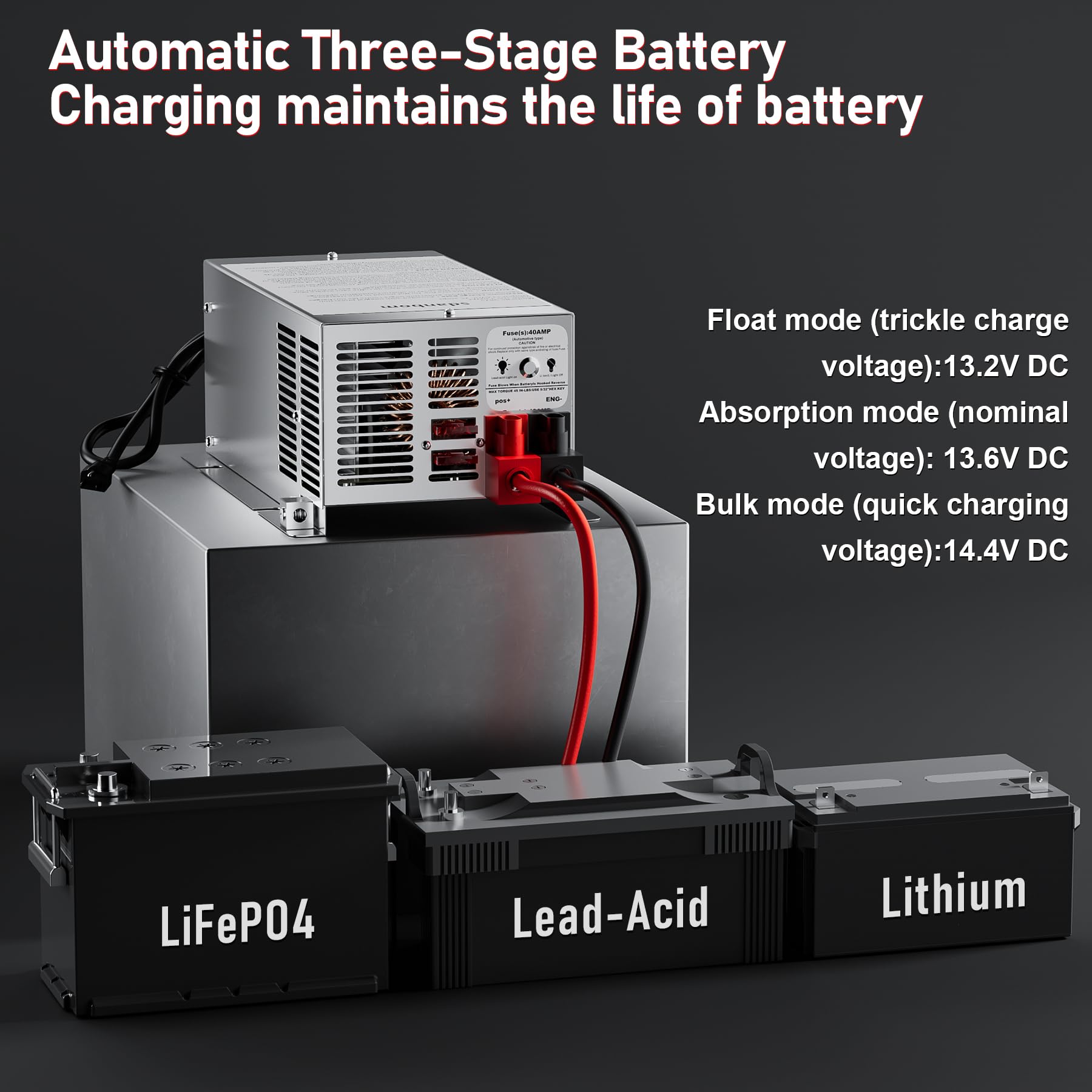 sdanbom WF-9855 mode button close-up showing lithium and lead-acid selection benefit