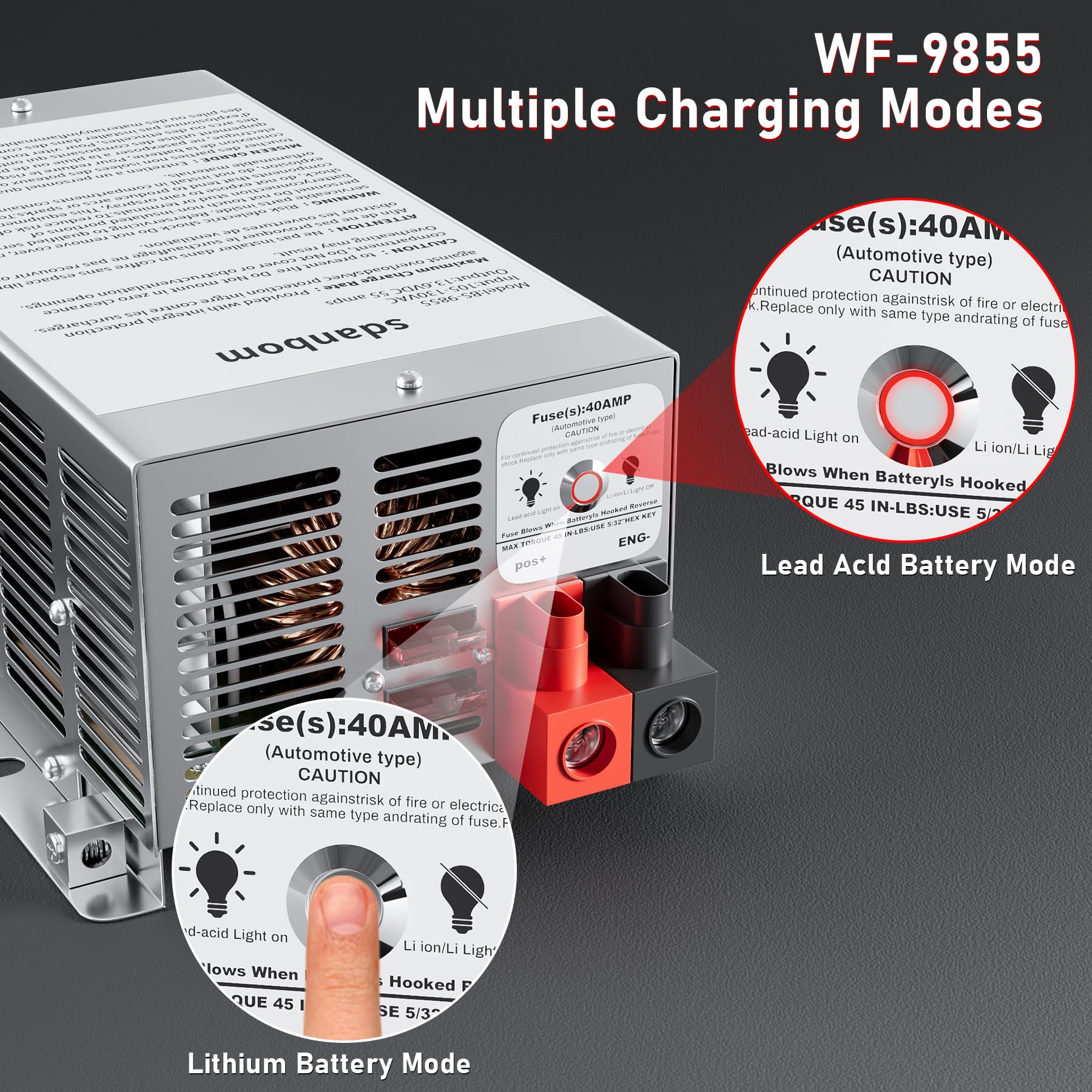 sdanbom WF-9855 side connectors illustrating secure wiring and reliable 12V output