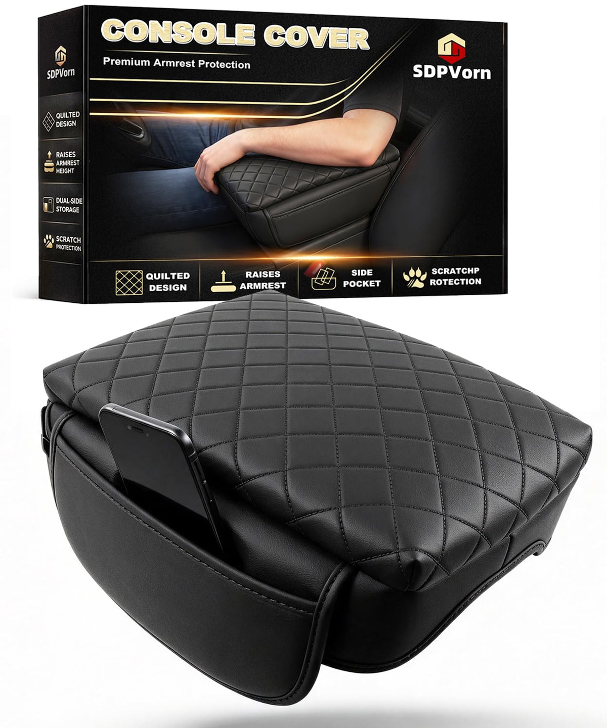 SDPVorn console cover front view showing quilted finish and raised cushion benefit