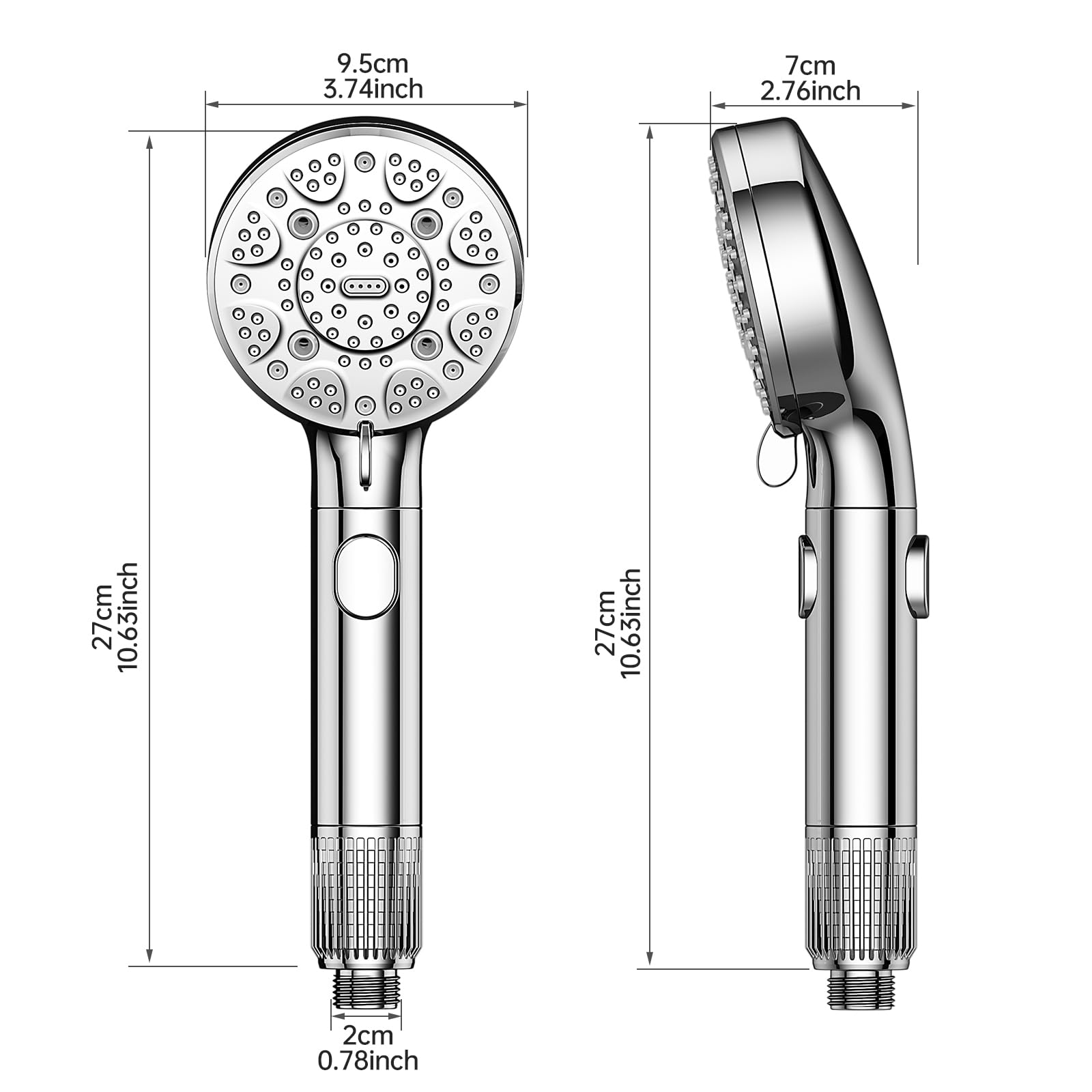 SeaCity shower head beside common items showing size and space-saving benefit