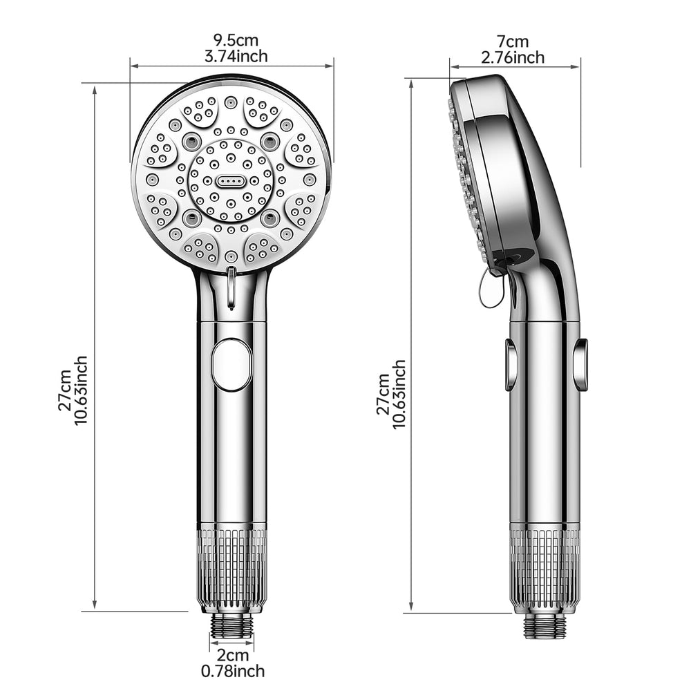 SeaCity shower head beside common items showing size and space-saving benefit