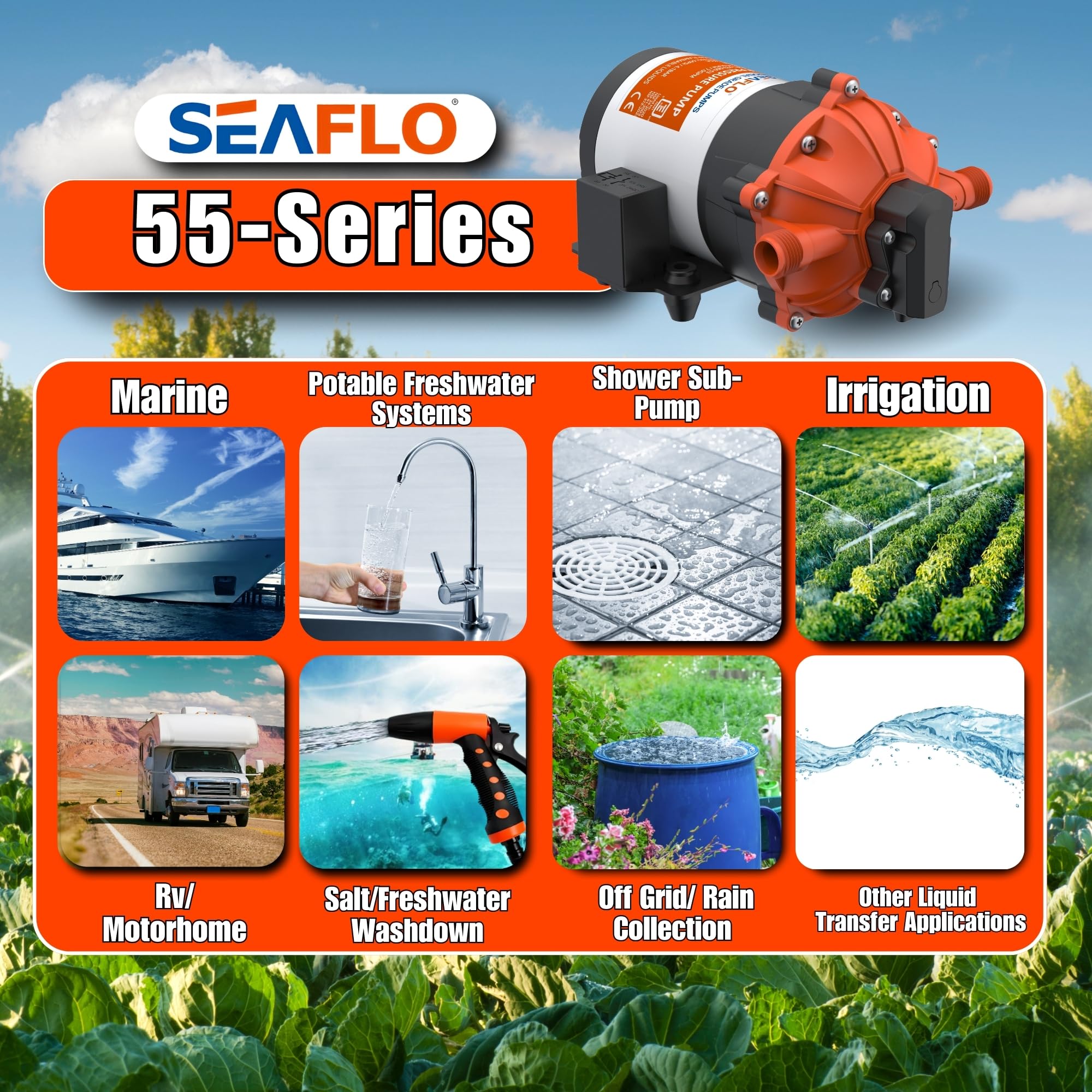 SEAFLO pump next to a hand for size scale and space-saving benefit