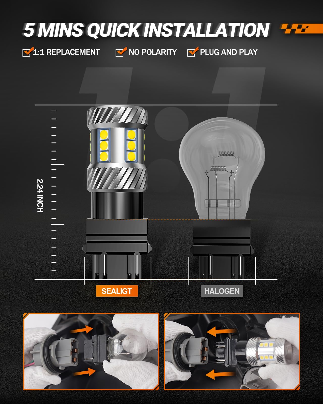 SEALIGHT next to halogen bulb for size comparison and easier swap