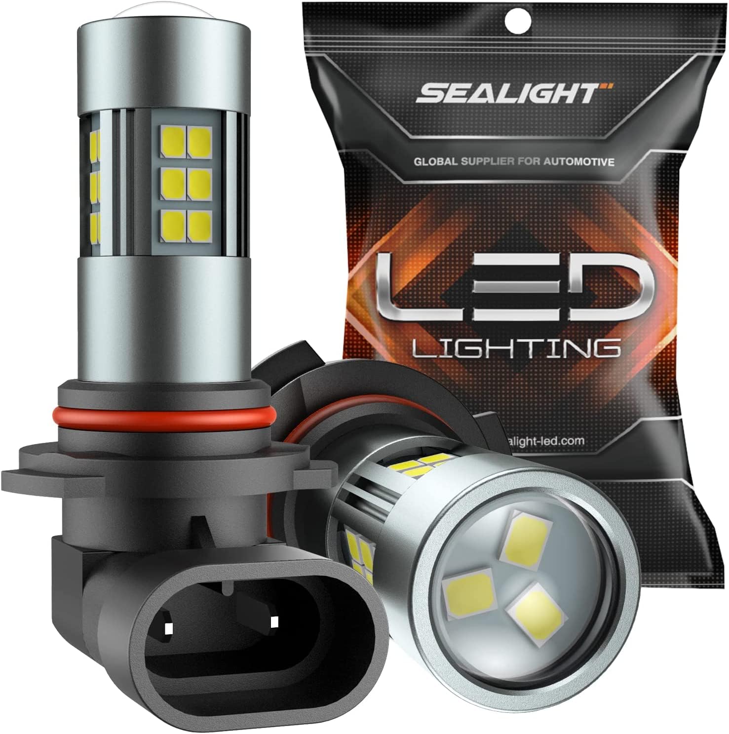 SEALIGHT 9006 front view showing pack of two bulbs and clear connector, brighter visibility