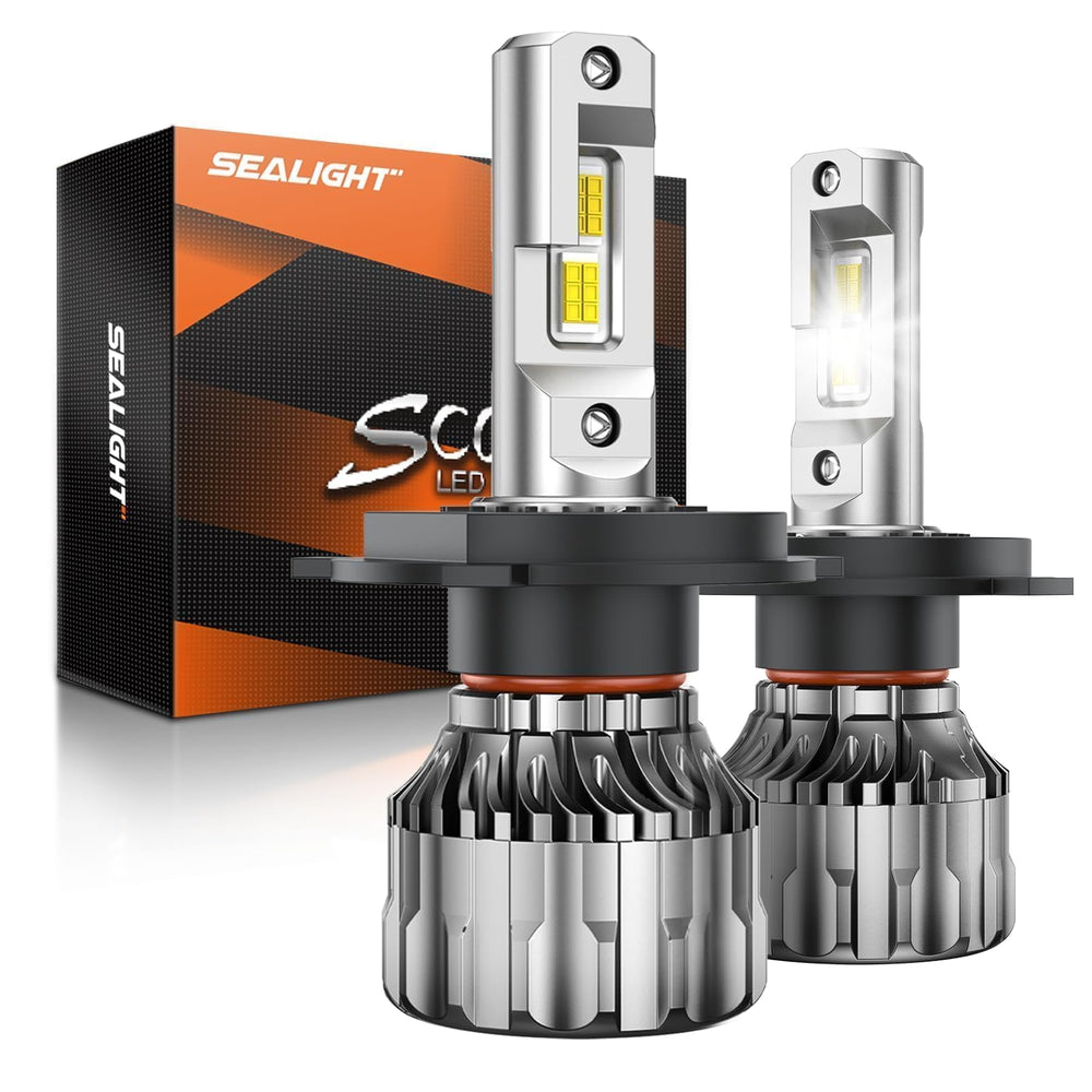 SEALIGHT front view of both H4 bulbs showing bright design and easy swap benefit