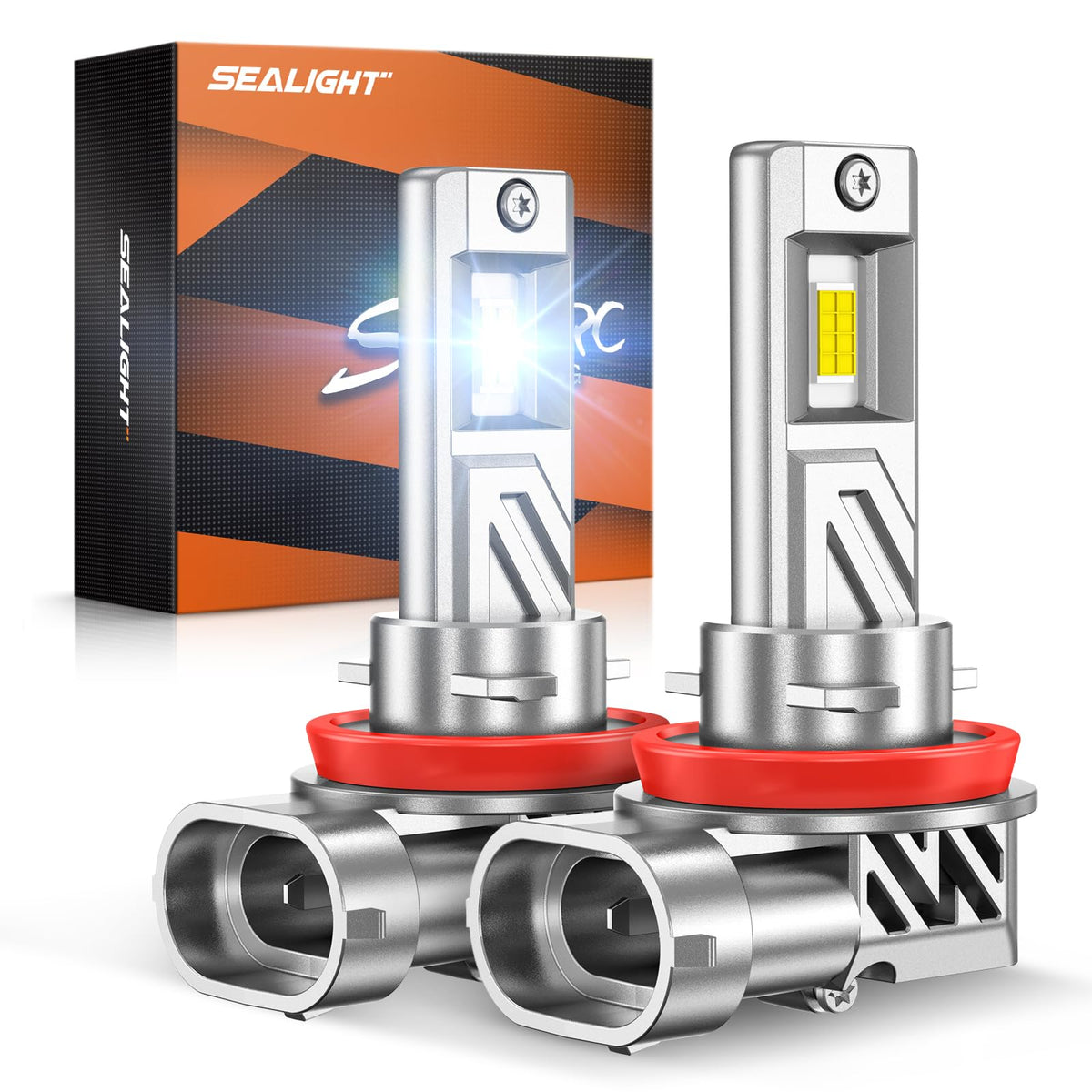 SEALIGHT front view of H11 bulb showing LED and heat sink for brighter beam