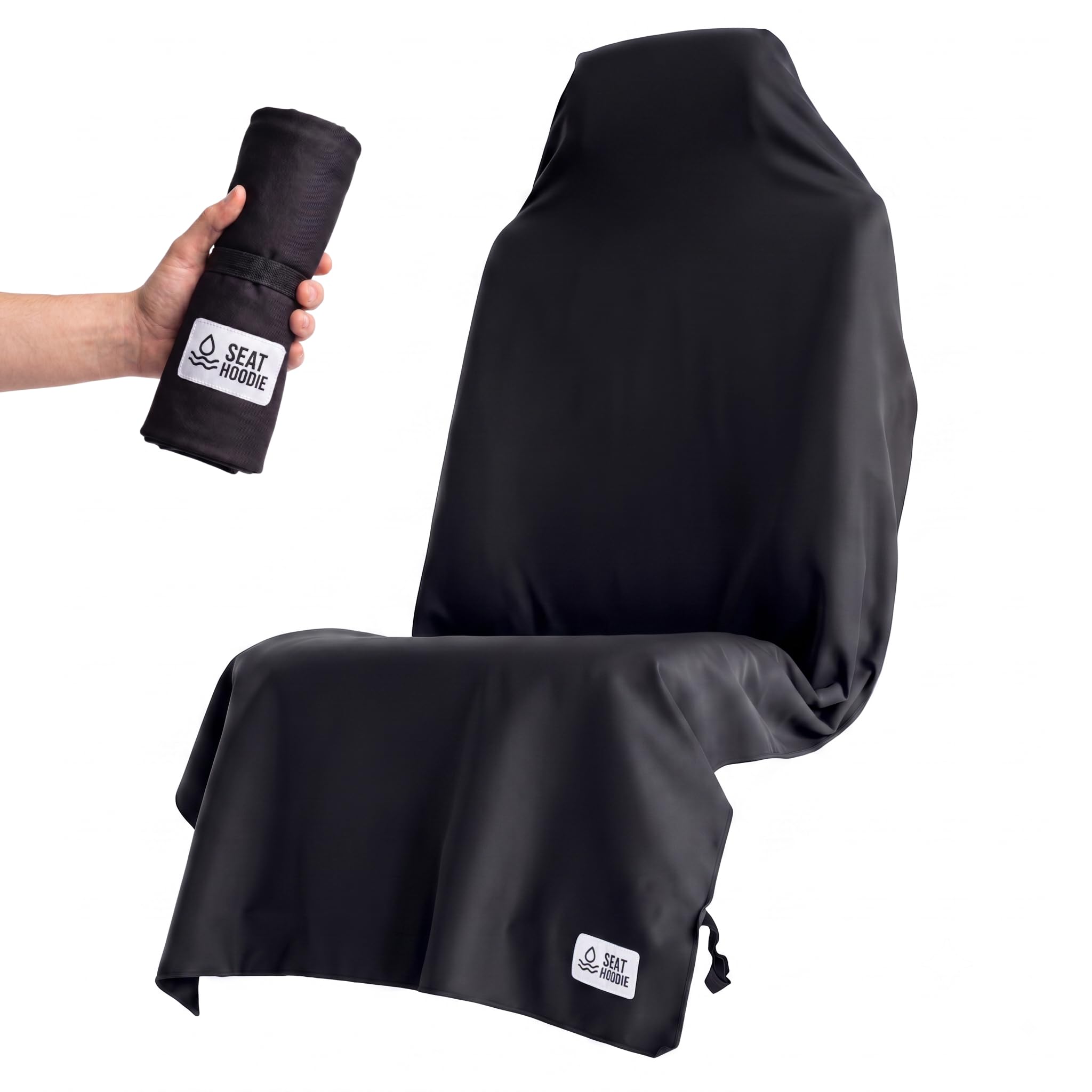 Seat Hoodie front view on black seat showing full coverage and protection
