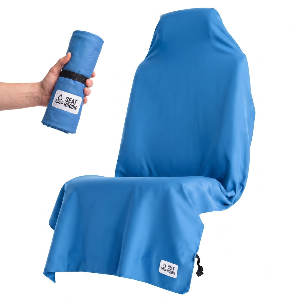 Seat Hoodie front view blue showing full seat protection and easy use