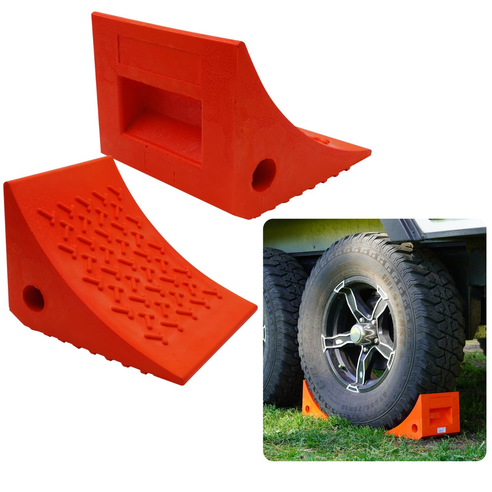 SECURITYMAN front view of orange chocks showing shape and visibility benefit
