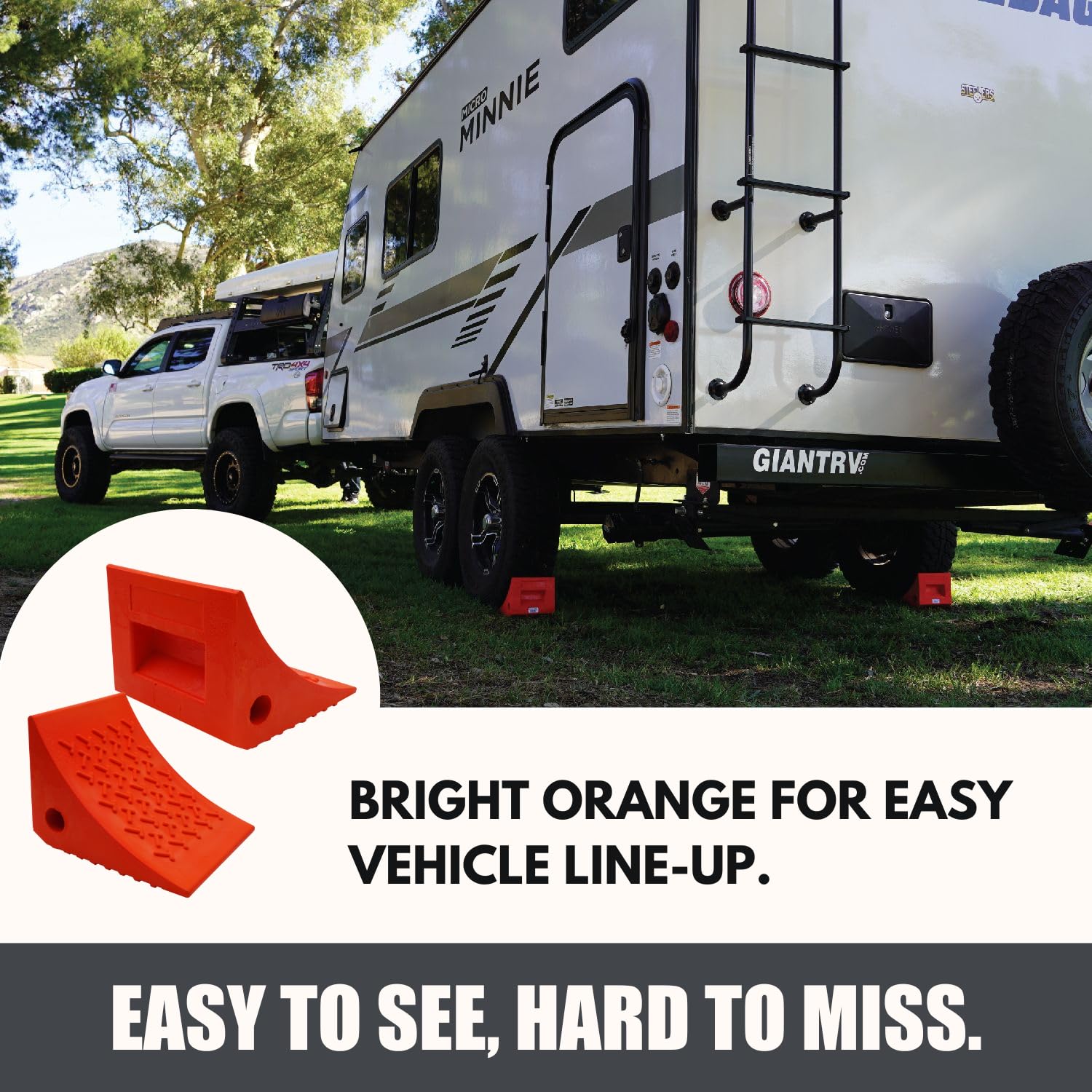 SECURITYMAN chocks used beside RV at campsite improving parking safety