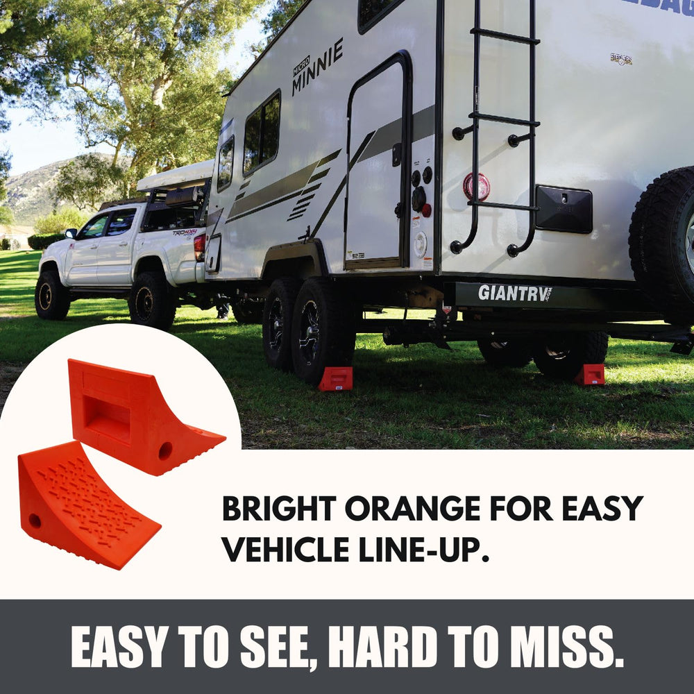 SECURITYMAN chocks used beside RV at campsite improving parking safety