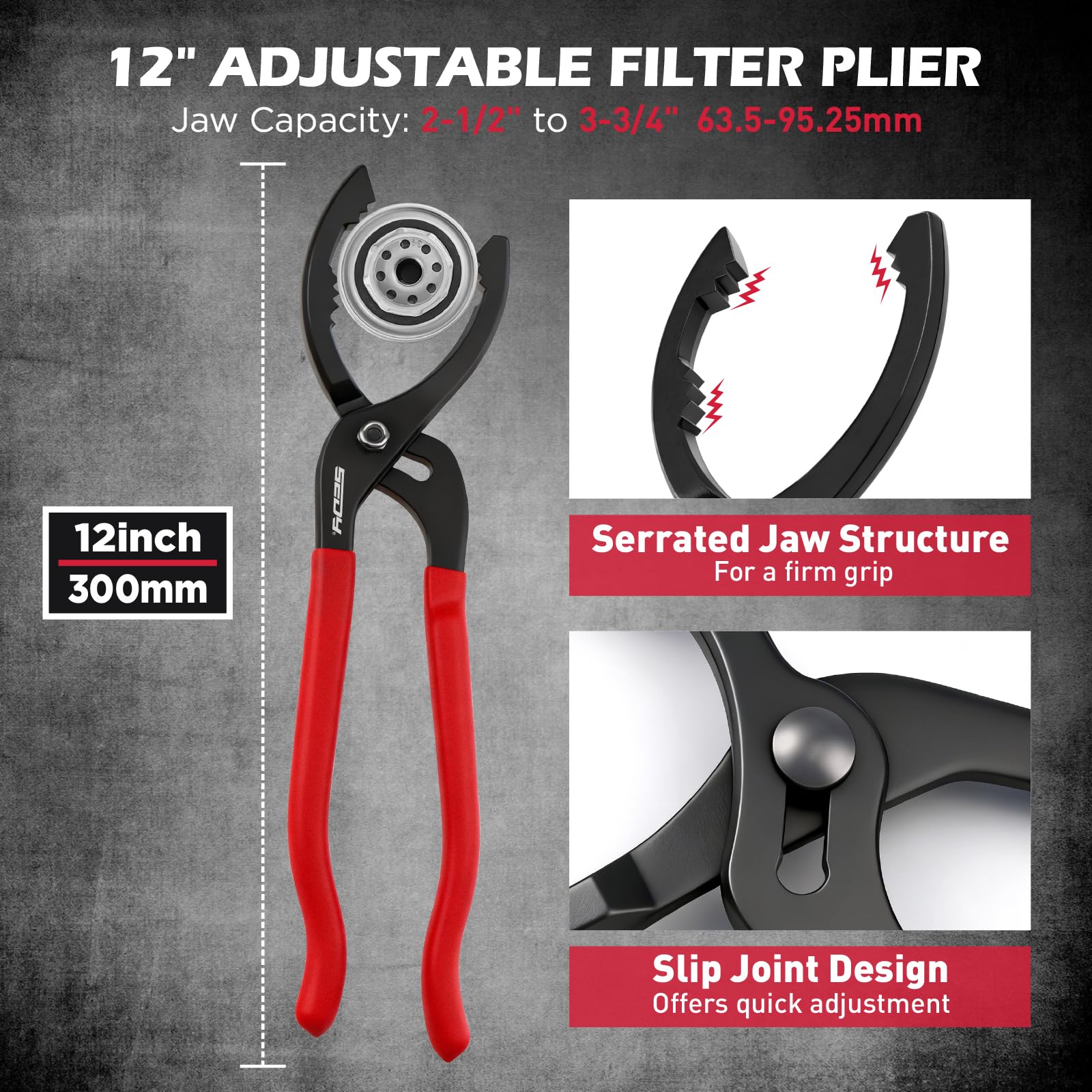 SEDY 12-inch pliers serrated jaws for secure grip on stubborn filters