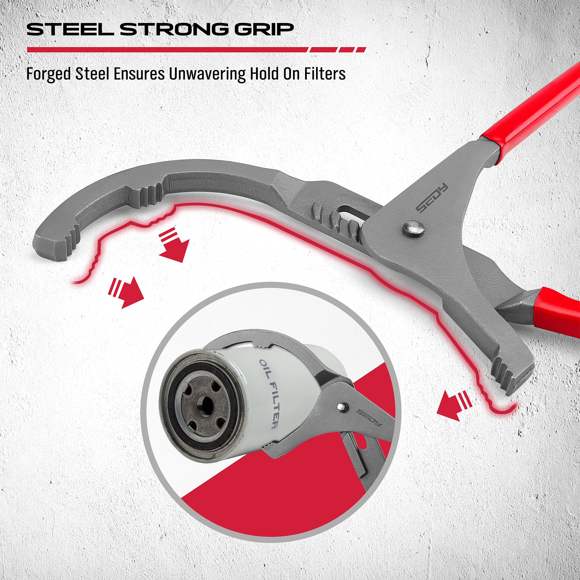 SEDY close-up of serrated jaws gripping filter for slip-resistant removal